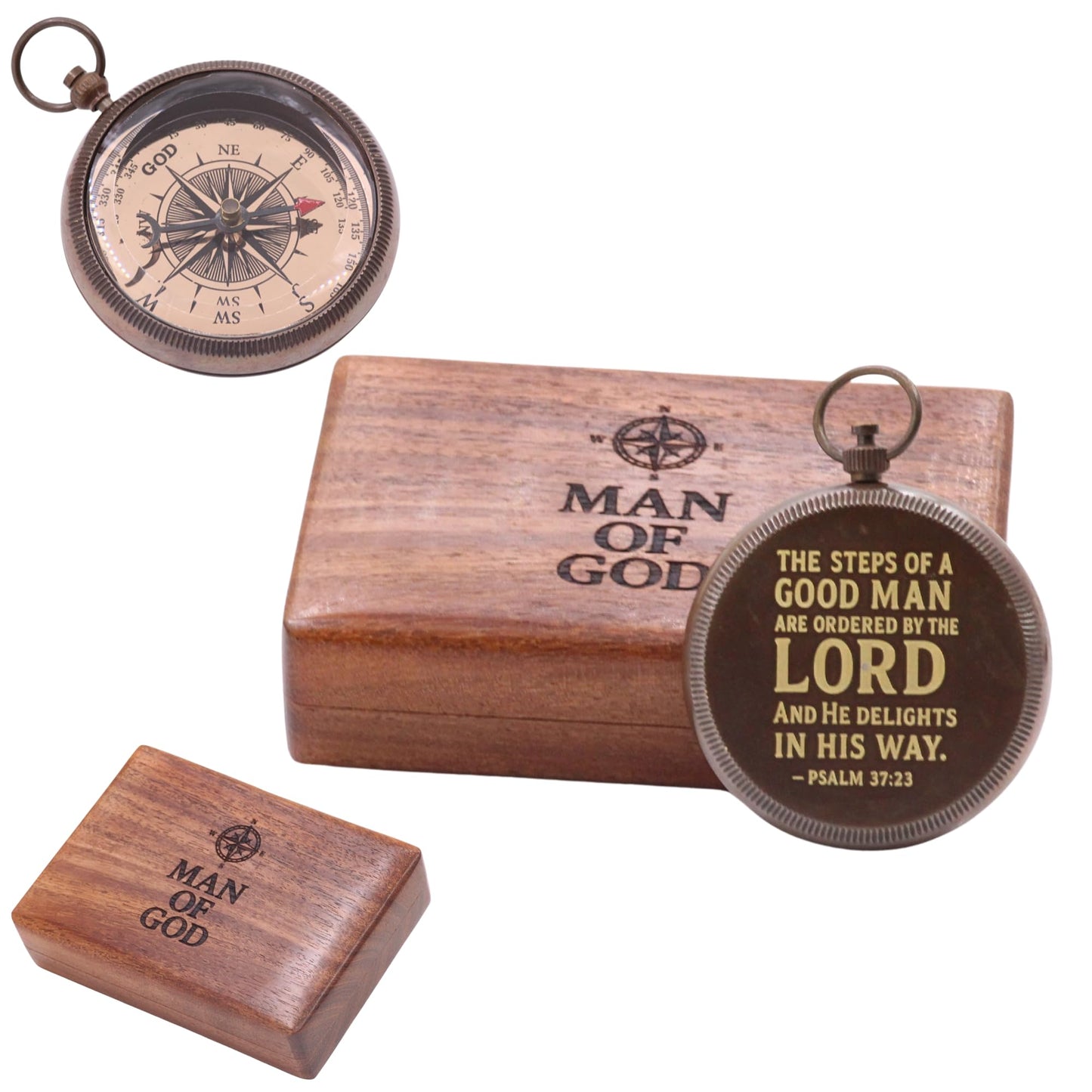 Man of God Compass – Psalm 18:32 Scripture Engraved – Solid Brass Pocket Compass with Rosewood Box – Christian Gift for Men, Son, Husband, Graduation, Travel Keepsake