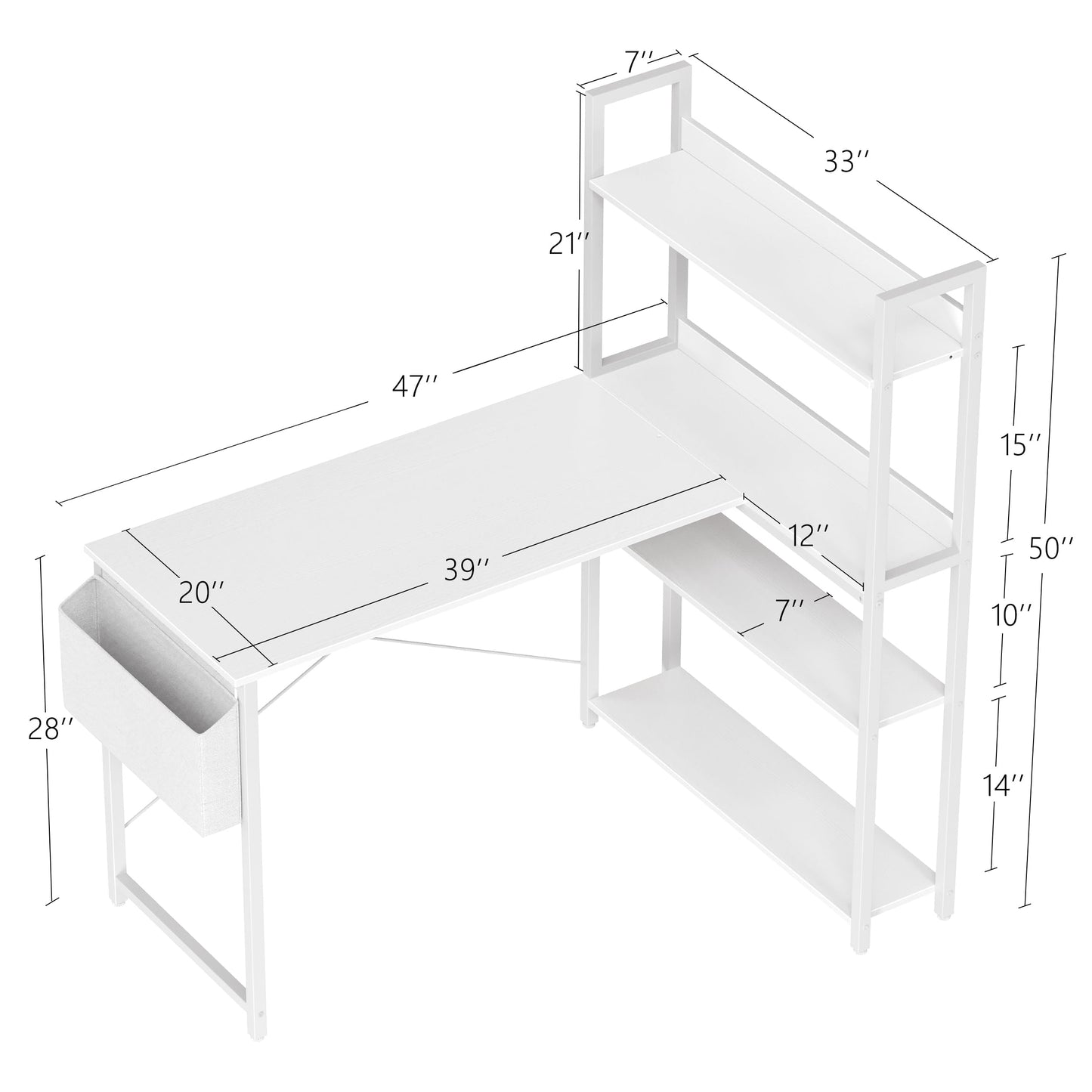 Treesland 47 Inch Computer Desk with Bookshelf, Corner Desk with Storage, L Shaped Desk, Home Office Desks, Writing Study Desk for Bedroom, White