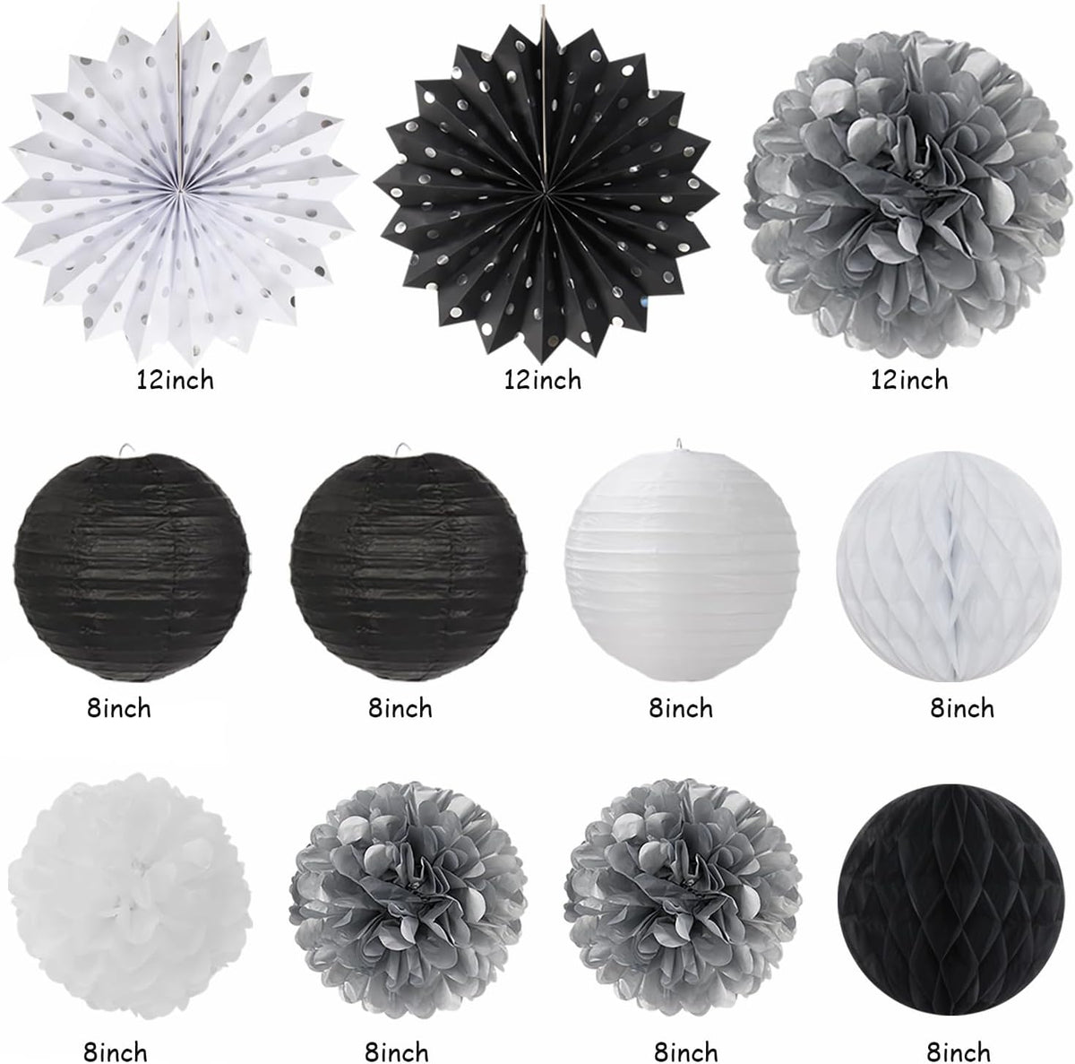 Black White Silver Birthday Party-decorations - 21pcs Boys Men Happy Banner,Paper Streamers Lanterns Honeycomb,Tissue Pom Poms Fan,Adult Supplies Decor 16th 20th 40th 45th 50th 60th Huglony