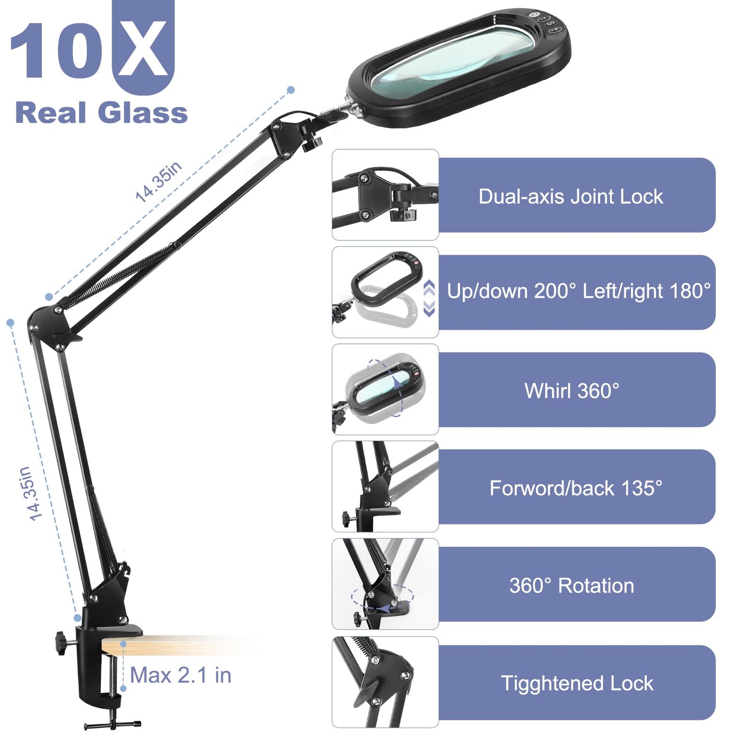 10X Large Magnifying Glass with Light and Clamp, Real Glass, 5 Color Modes, Stepless Dimmable, Lighted Magnifier with Stand Hands Free, LED Swing Arm Desk Lamp for Close Work, Craft, Reading, Painting