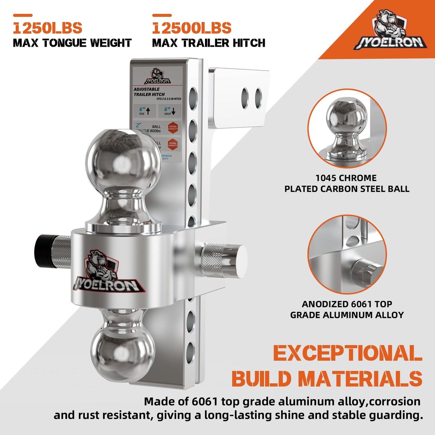 Adjustable Aluminum Trailer Hitch Ball Mount for 2" Receiver, Includes 2.5" Sleeve Adapter, 8" Drop/Rise, Dual Ball 2" & 2-5/16", 12,500 lbs GTW, Hitch Tightener with Locking Pins