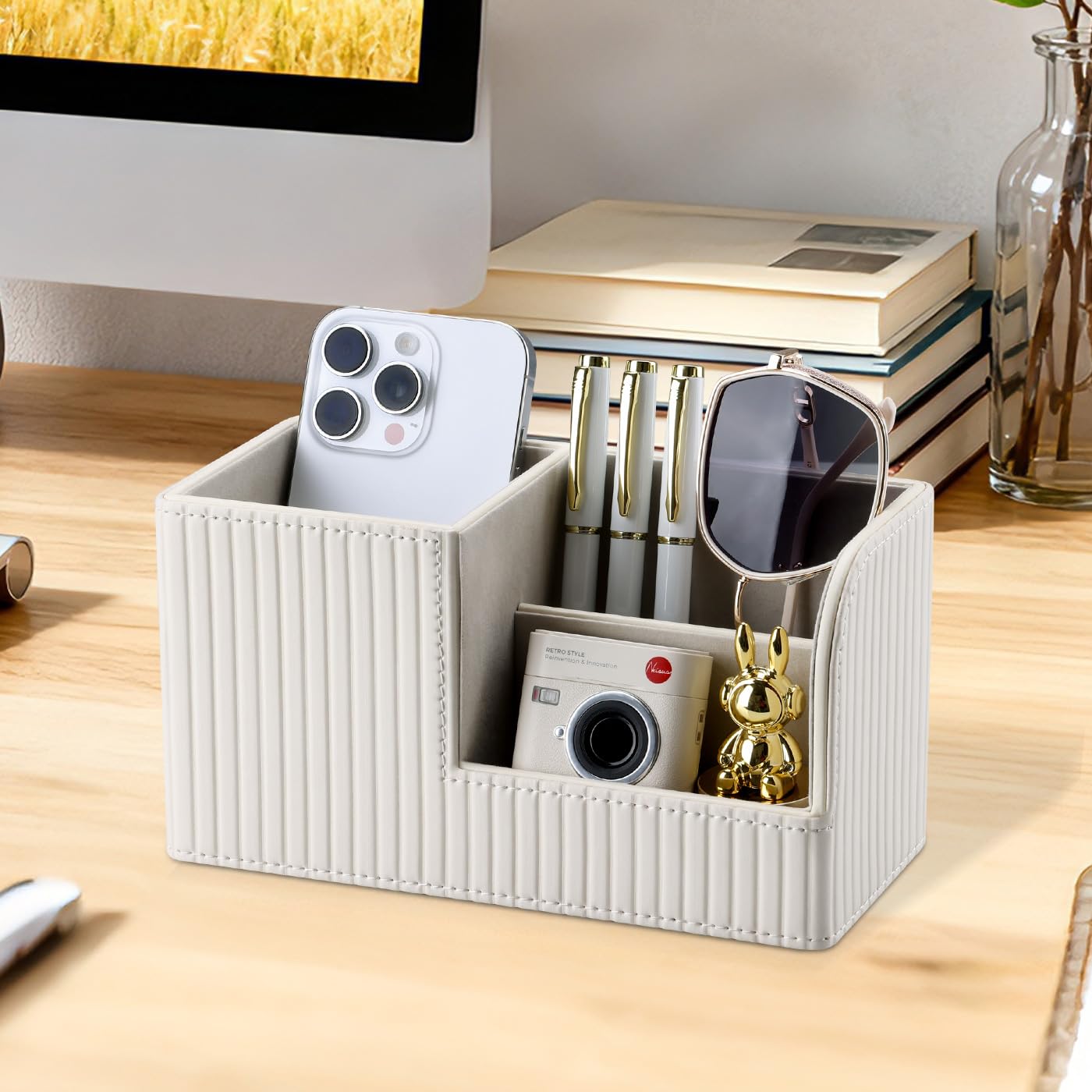 KINGFOM Desk Pen Organizer Office Supplies Caddy Pu Leather Multi-function Storage Box Pen/Pencil,Cell phone, Business Name Cards Remote Control Holder (Ivory White)