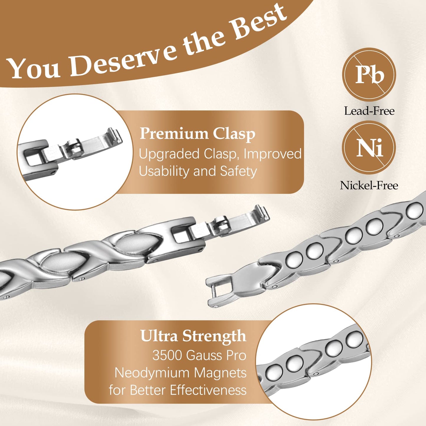 Feraco Magnetic Bracelet for Women Titanium Steel Magnetic Therapy Bracelet with Neodymium Magnets, Unique X Shape Links (Silver)