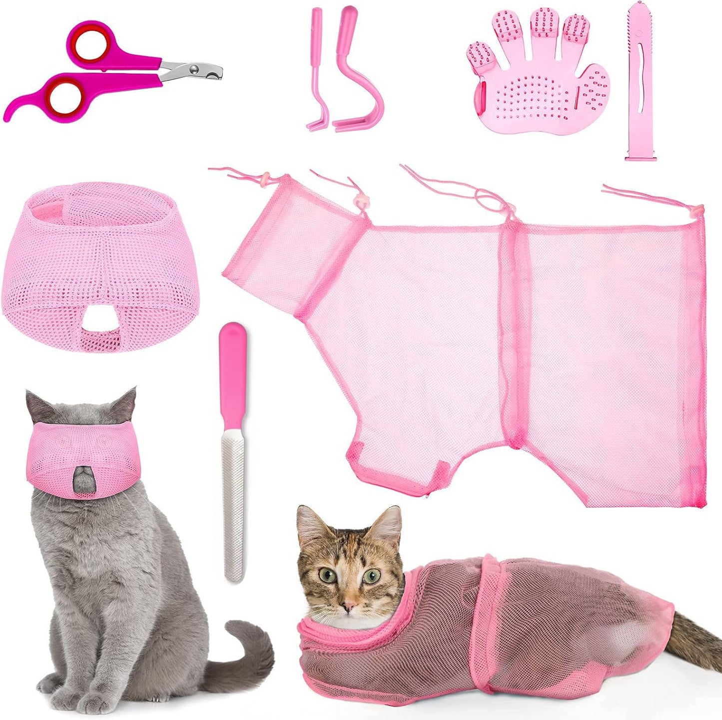 Vwvk 6 Pcs Cat Bathing Grooming Set - Adjustable Mesh Bathing Bag, Nail Clipper, Mesh Muzzle, Massage Brush, Tick Remover Tool & Nail File (Pink)