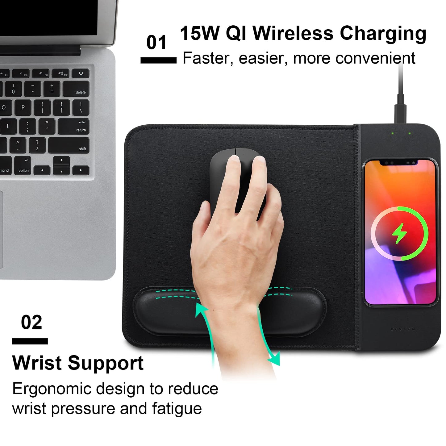 VIVIYA 15W Wireless Charging Mouse Pad with Detachable Wrist Support, Fast QI Phone Charger Mouse Mat for iPhone 16/15/14/13/12/11/X and Samsung Multiple Mobile Devices (Black)