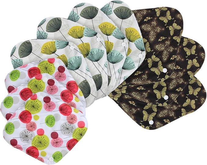 Teamoy 10pcs Cloth Panty Liners, Reusable Sanitary Pads with Wet bag, Washable Cloth Menstrual Pads with Charcoal Absorbency Layers (Country Style, 3pcs×7.9''+4pcs×10''+3pcs×11.6''), 11 Piece Set