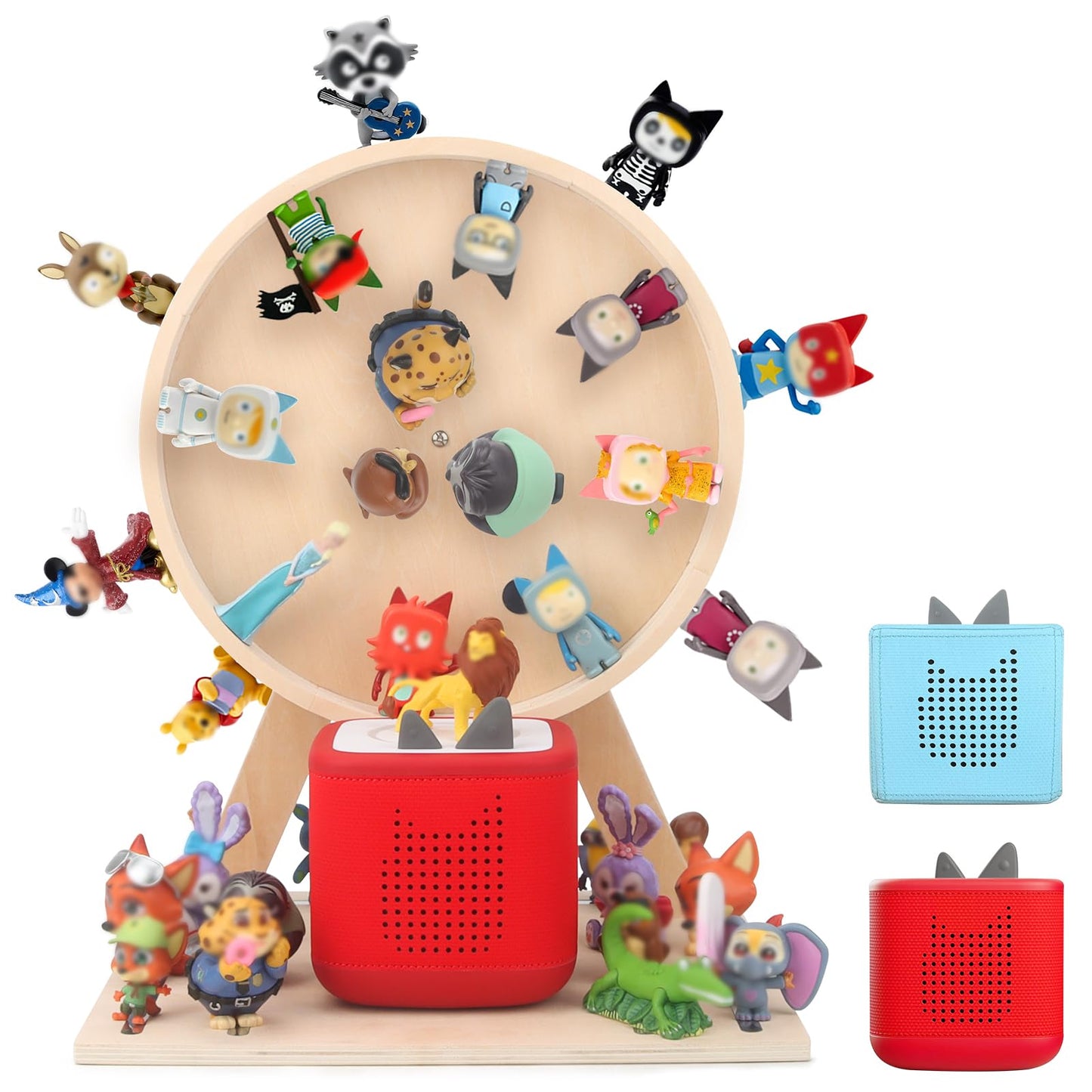 Taladad DIY Ferris Wheel Organizer for Tonie Figures, Holds 80+, 360° Rotating Wooden Shelf Compatible with Tonie Box 2&1 Player, Includes 60 Metal Plates for Custom Storage, Kid's Room Decor
