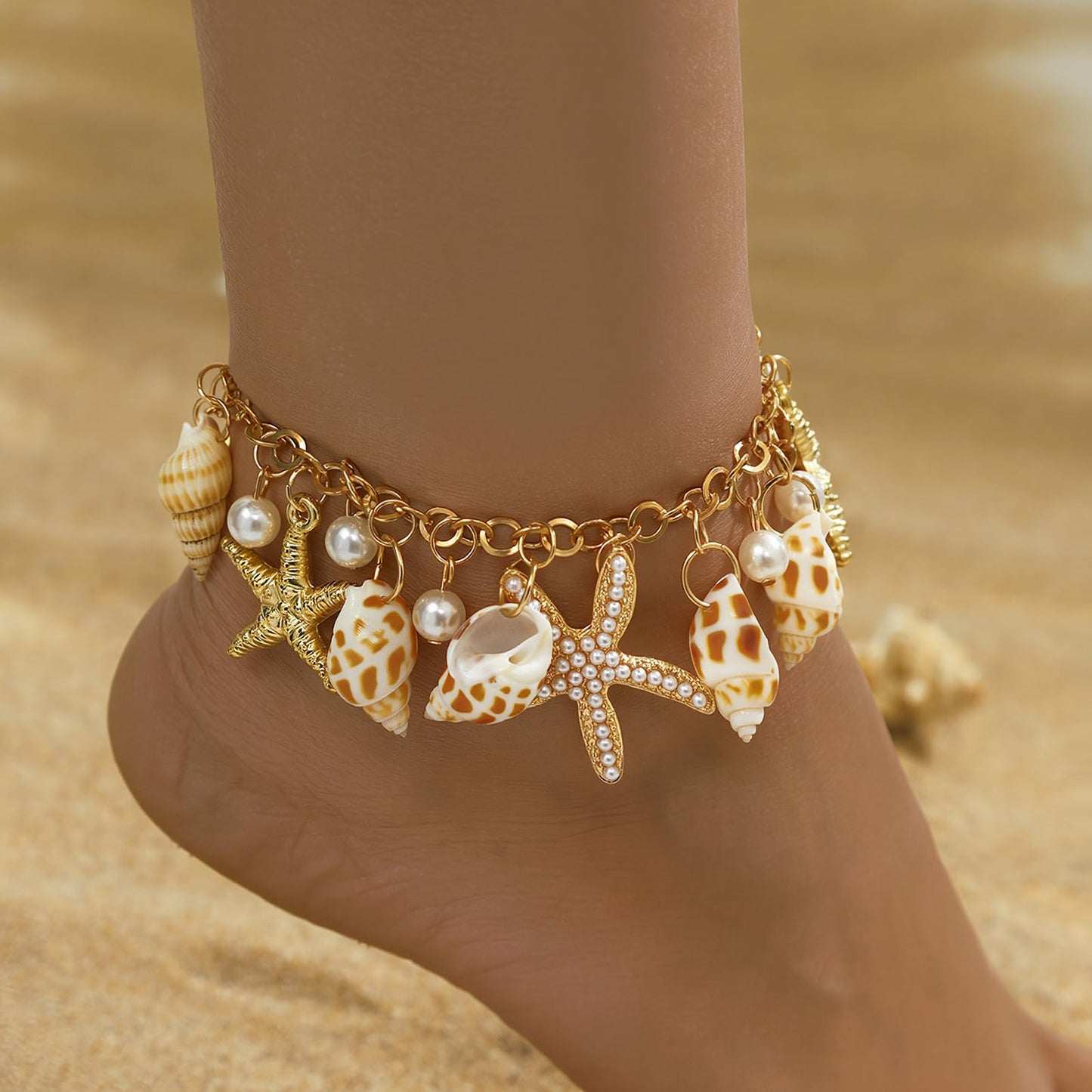 Qceasiy Shell Ankle Bracelet Set for Women, Gold Plated Boho Bead Adjustable Anklet, Hawaiian Beach Seashell Pearl Heart Starfish Conch Foot Jewelry Gifts (Conch Starfish1)