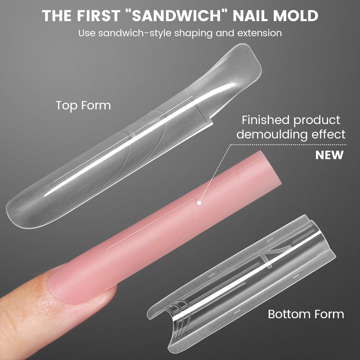 YOKEFELLOW Original Sandwich Nails Dual Forms - 240Pcs Long Coffin Nail Mold for Quick Nails Extension, No Paper Forms Needed, 15 Sizes Plastic Form, Salon Nail Art Tools(W556-Long Square)