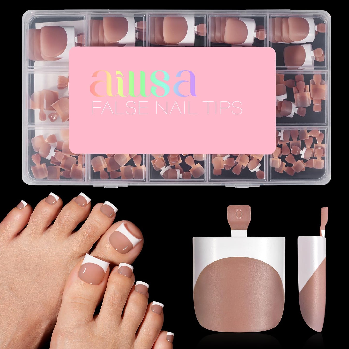 AILLSA French Tip Press on Toe Nails, 150PCS Sharp Square Brown Pink Acrylic Fake Toenails 15 Sizes Full Cover Long-Lasting for Women DIY Pedicure