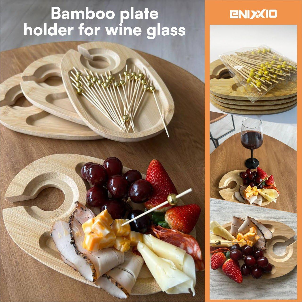ENIXXIO 4 PCS Wine Appetizer Plates for Wine & Cheese Parties – Individual Mini Charcuterie Boards with Wine Glass Topper Appetizer Plates, Cheese Board with Wine Holder and 100 Bamboo Picks
