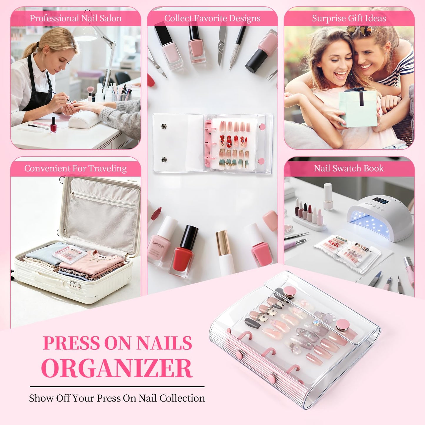 ASTONFOG Press On Nail Organizer, 2Pcs Press On Nail Binder Book with 12 Insert Pages-A8 Sized & Double Sized Tape, Fake Nails Swatch Display Collecting Storage Book(Pink+White)