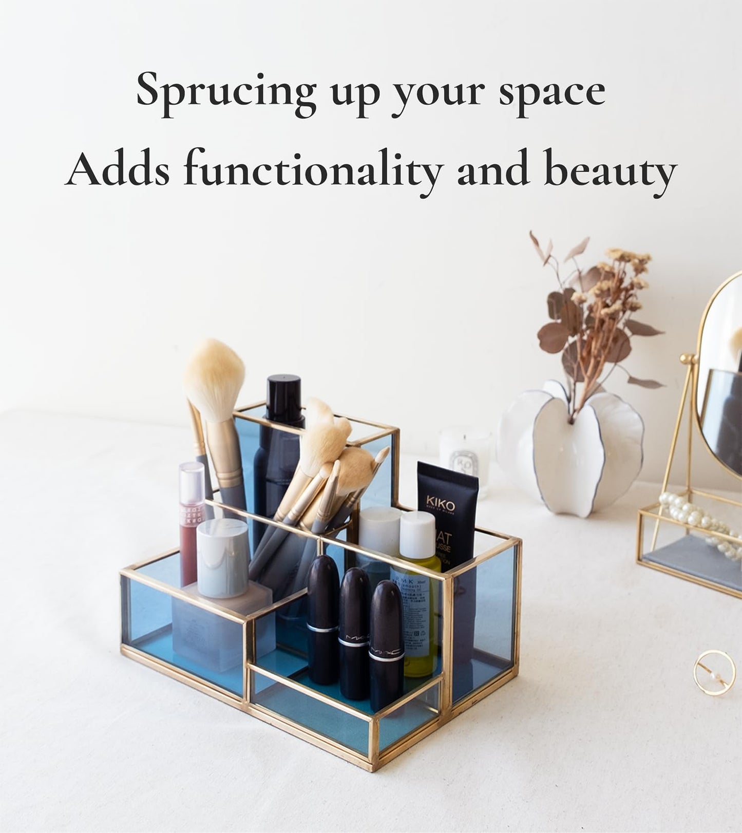 FONDAZZA 5-Compartment Desk Organizer for Home Office Supplies, Gold Brass with Blue Glass, Workspace Storage for Stationery, Cosmetic, Makeup Tools and Brush.