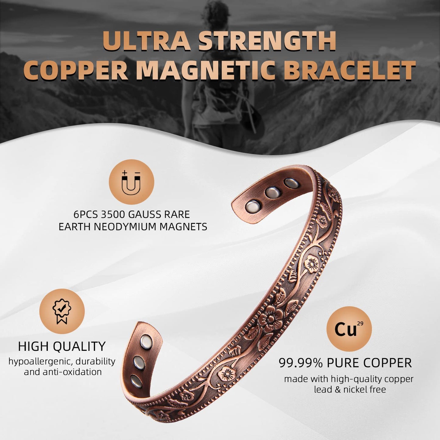 MagEnergy Copper Bracelets for Women, 99.9% Pure Copper Vintage Flower Magnetic Bangle with 3500 Gauss Magnets,6.8" Adjustable Cuff Jewelry Gift (2pcs)