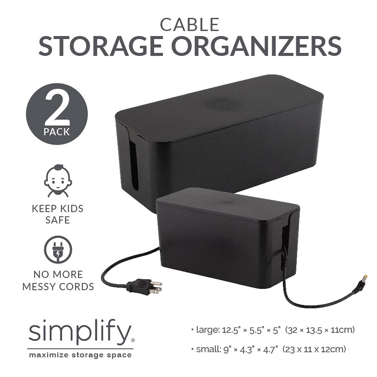 Simplify 2 Pack Cable Organizer Box | Multi-sized | Hidden Storage with Lid | Chargers & Wires | Computer & TV Cords | Black
