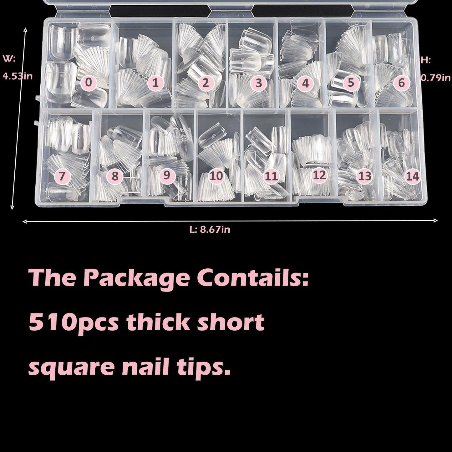 Wellquinn Short Square Nail Tips, 510Pcs Thick Straight Full Cover Fake Nails, Sharp Square Clear Press-On Nails French Acrylic False Nail Tips for Salon Home DIY 15 Sizes