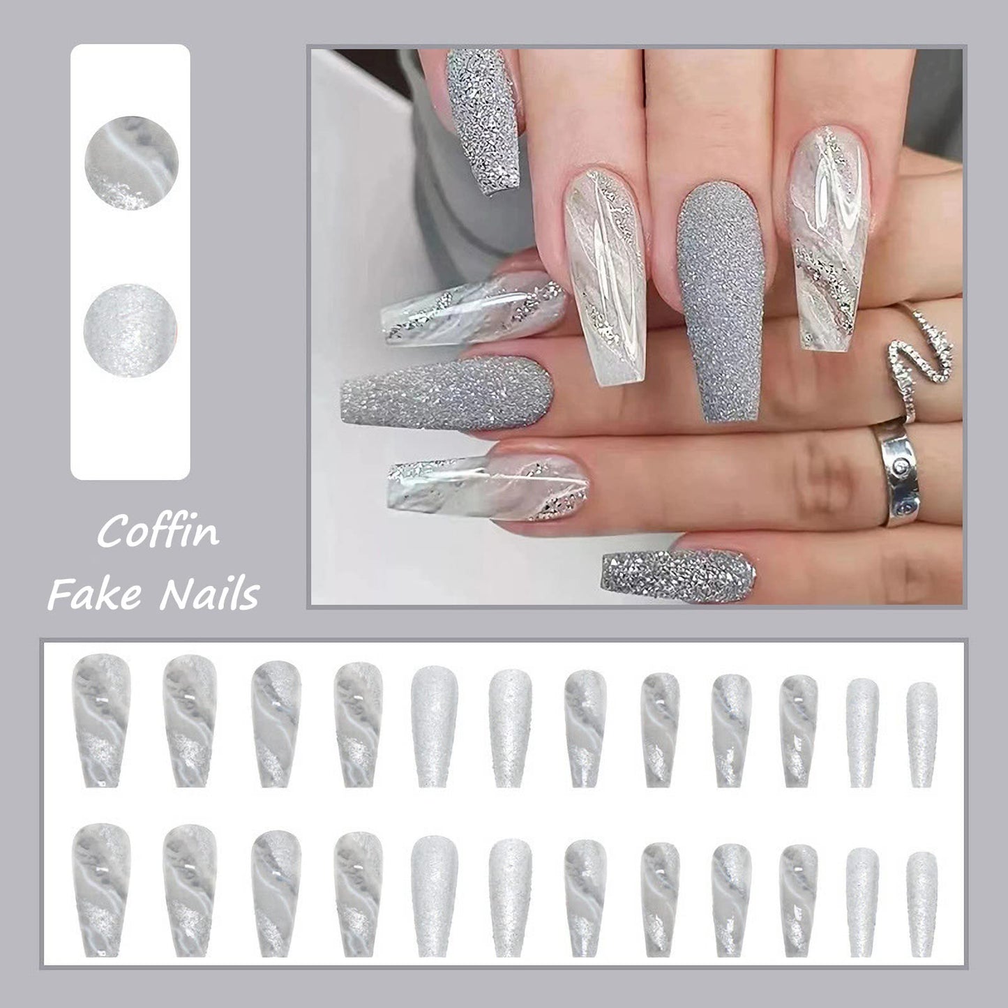 MISUD Press on Nails - Long Coffin Glue on Nails with Gray Ombre, Acrylic Bling Glitter Design 24 pcs