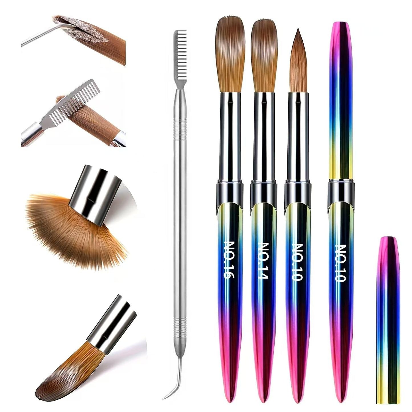 Acrylic Nail Brush Set, Size #10#14#16 Nail Sculpting Brushes with Dual-Ended Stainless Steel Nail Brush & Cuticle Pusher, Professional Manicure Kit for Acrylic Application & DIY Manicure