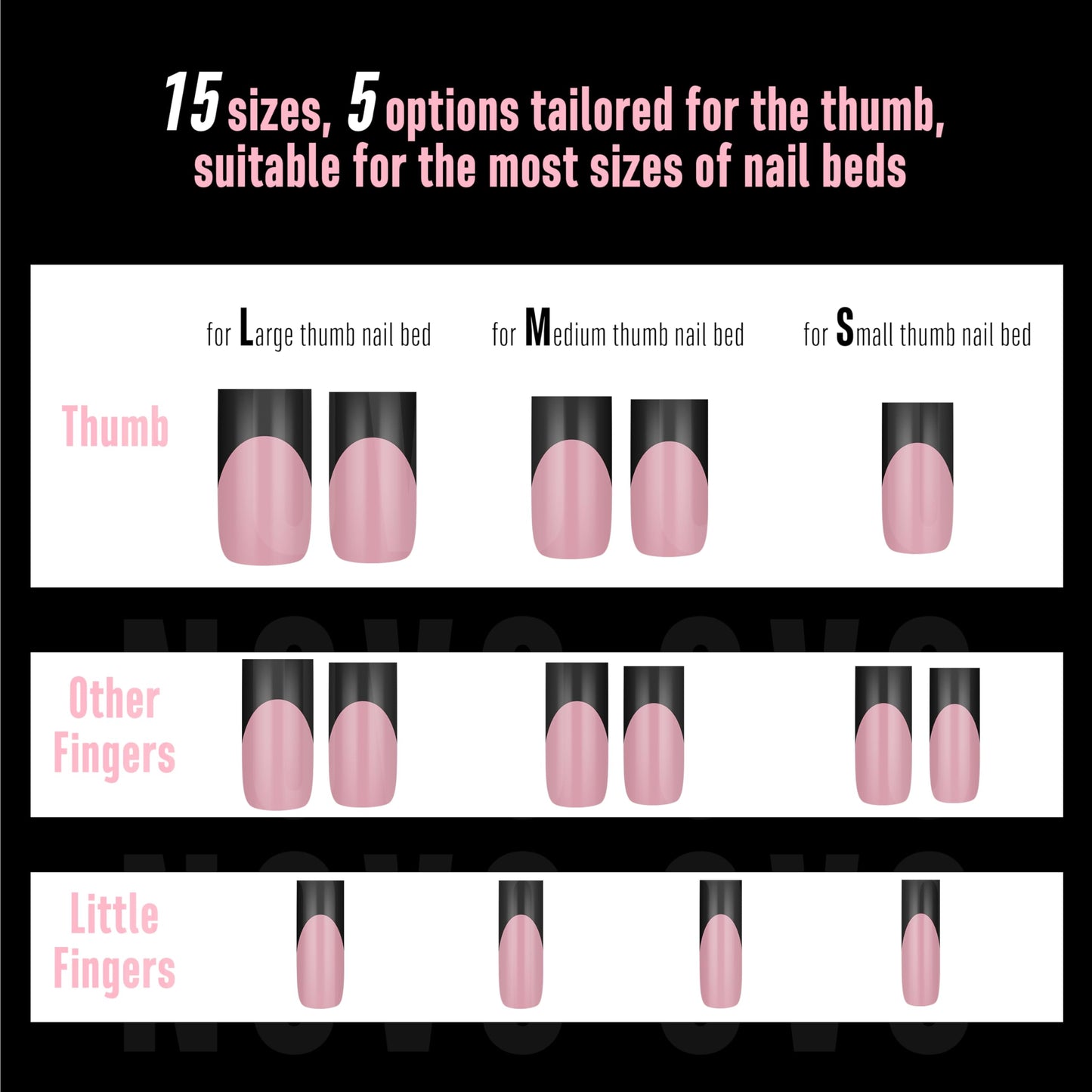 NOVO OVO Medium Sharp Square Black French Tip Nail Tips Press on BERRY PINK, Extra Thick NEED Builder Glue Gel & Top Coat, Soft Gel Full Cover False Fake Nail Extension for Salon DIY x 15 Sizes 180 pc
