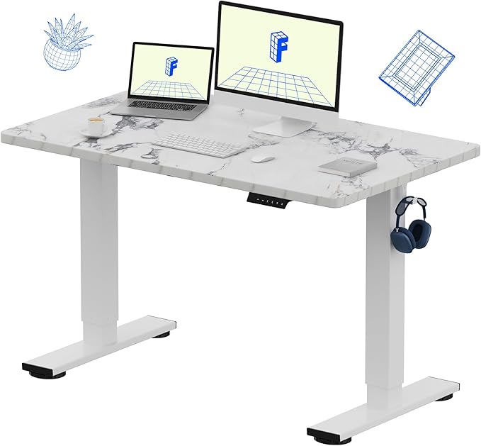 FLEXISPOT EN1 One-Piece Standing Desk 48 x 30 Inches Height Adjustable Electric Desk Sit Stand Desk Home Office Desks (White Frame + Marble Gray Top, 2 Packages)