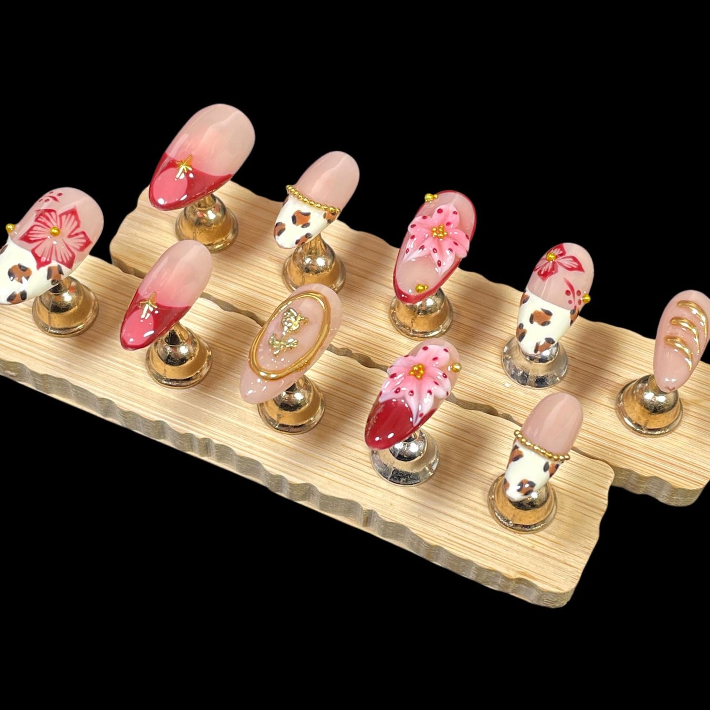 Handmade Press on Nails, Medium Almond Shape, 3D Floral Design with Gold Accents, Leopard Print Acrylic False Nails (Gilded Feline, L)