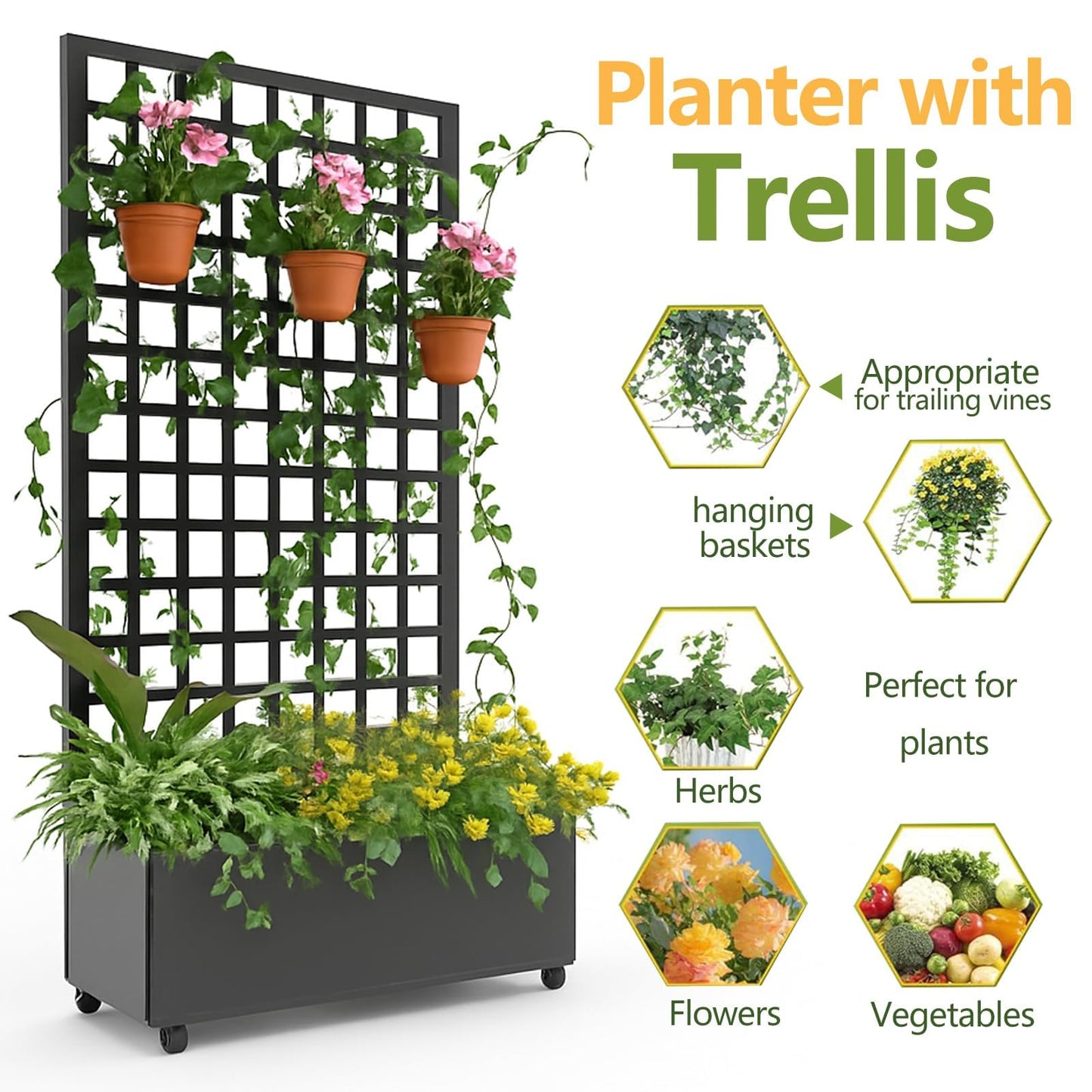Tedyle Raised Garden Bed with Trellis & Wheels – Large Outdoor Planter Box with Drainage Holes & Privacy Screen for Climbing Plants & Vines, 72" x 35", Black