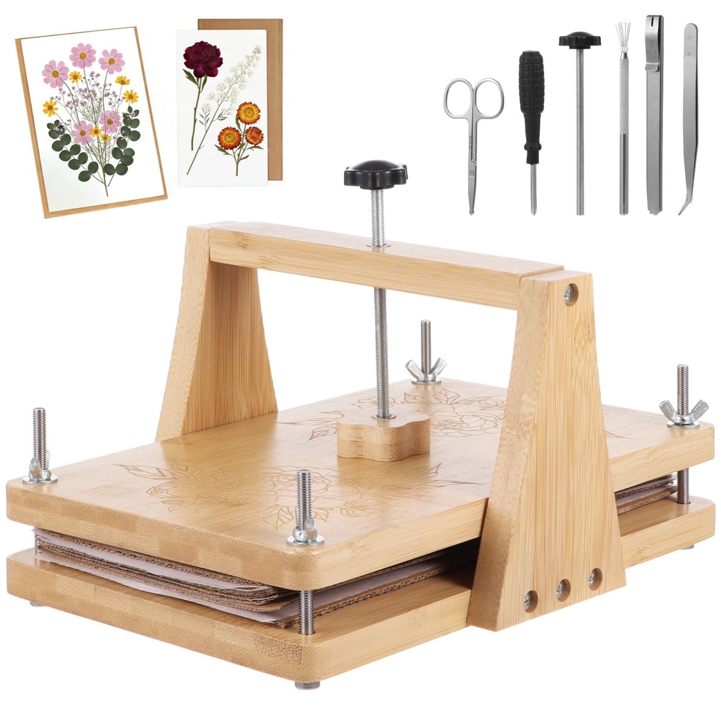 Large Flower Press Kit with 6 Layers, Wood Floral Pressing Kit for Adult DIY Art Craft, Includes Flower Press, Cardboard Plates, Absorbent Paper
