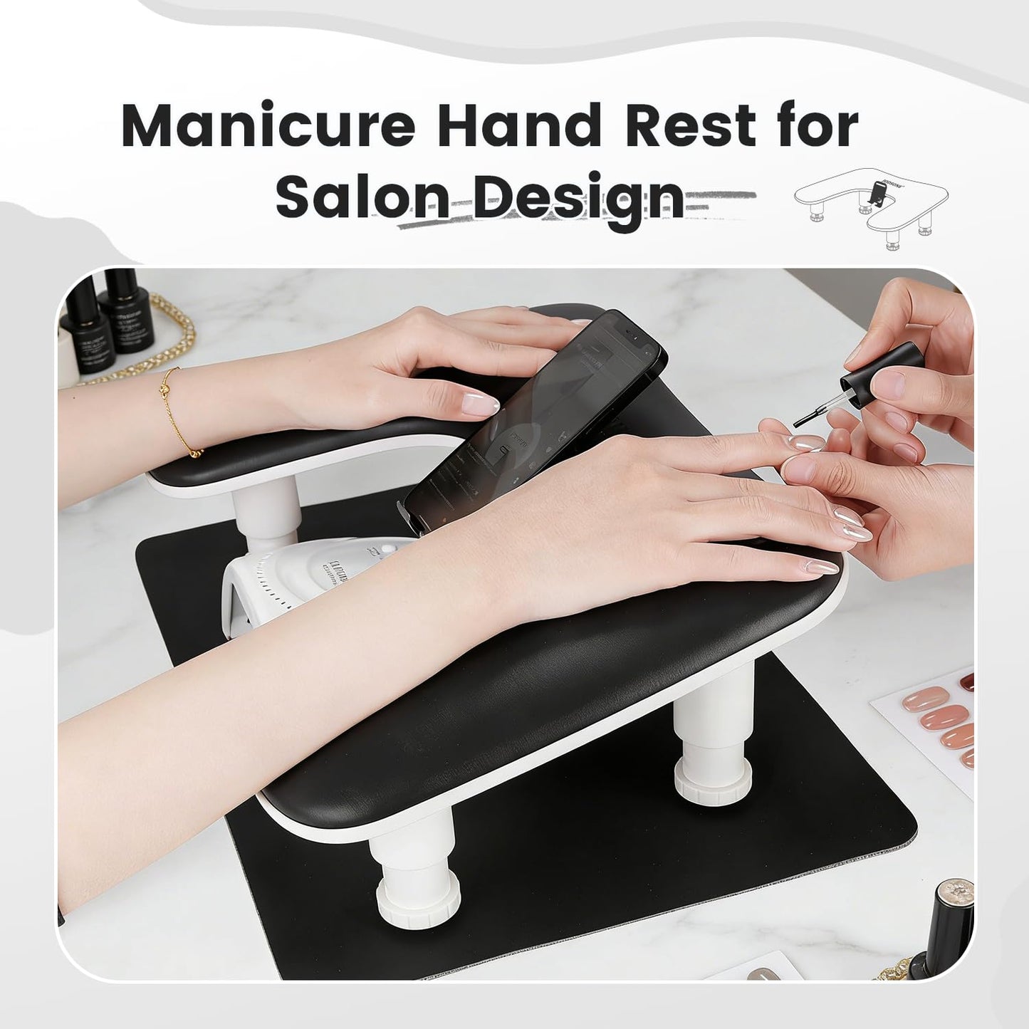 JODSONE U-Shaped Black Manicure Arm Rest for Nails Tech with Rotating 360°Built-In Phone Holder and Adjustable Nail Arm Rest Detachable Manicure Hand Rest for Salon Design (Includes Black Nail Mat)
