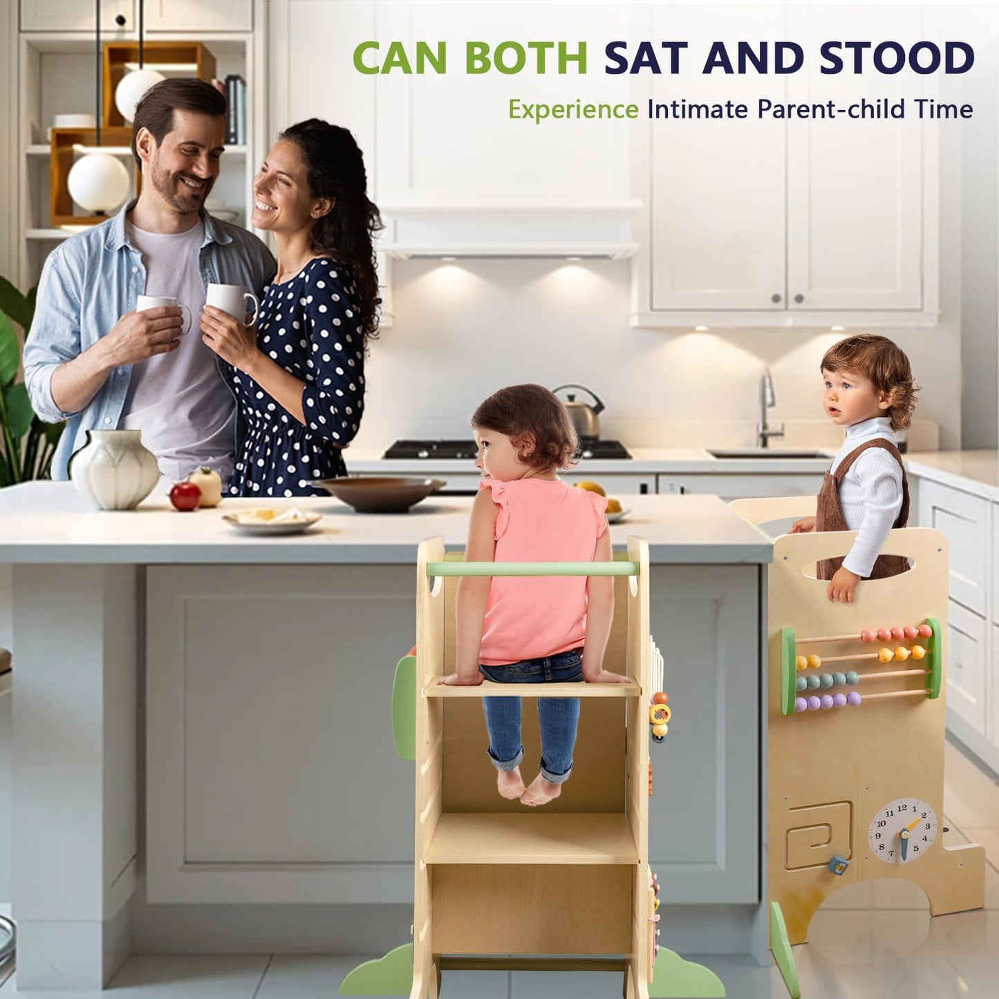aiwo Toddler Tower Kitchen Step Stool, 3 Adjustable Height Standing Tower for Kitchen Counter, Chalkboard & Montessori Learning Activities