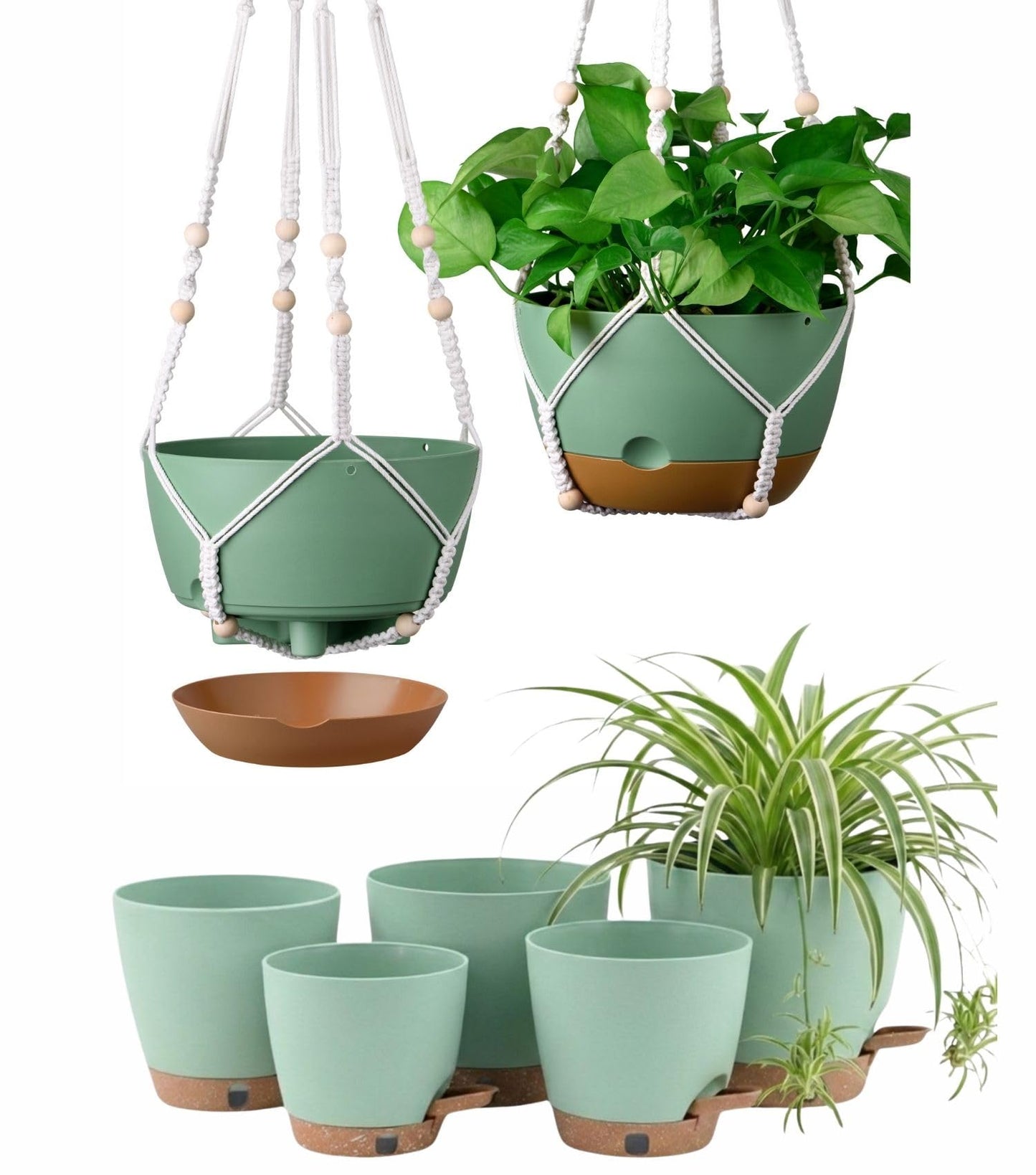 montresor Set of 2-10 Inch Hanging Planters and 5 Pack Green 5/5.5/6/6.5/7 Inch Self-Watering Pots Set