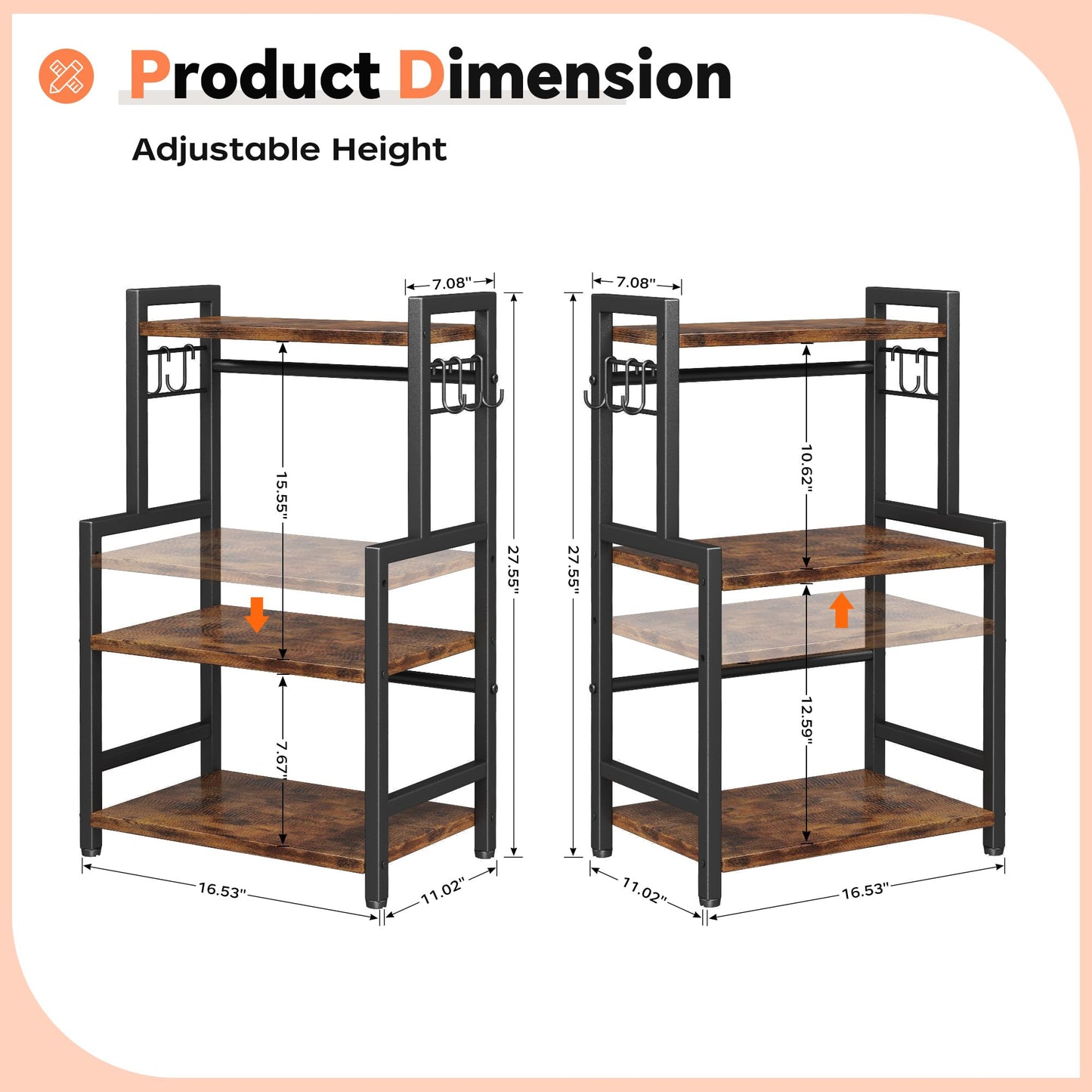 Kitchen Countertop Organizer,3 Tier Large Spice Rack Organizer with Adjustable Shelf and 5 Hooks,Wooden Counter Organizer,Space Saving Countertop Shelf Microwave Stand for Kitchen,Bathroom,Coffee Bar
