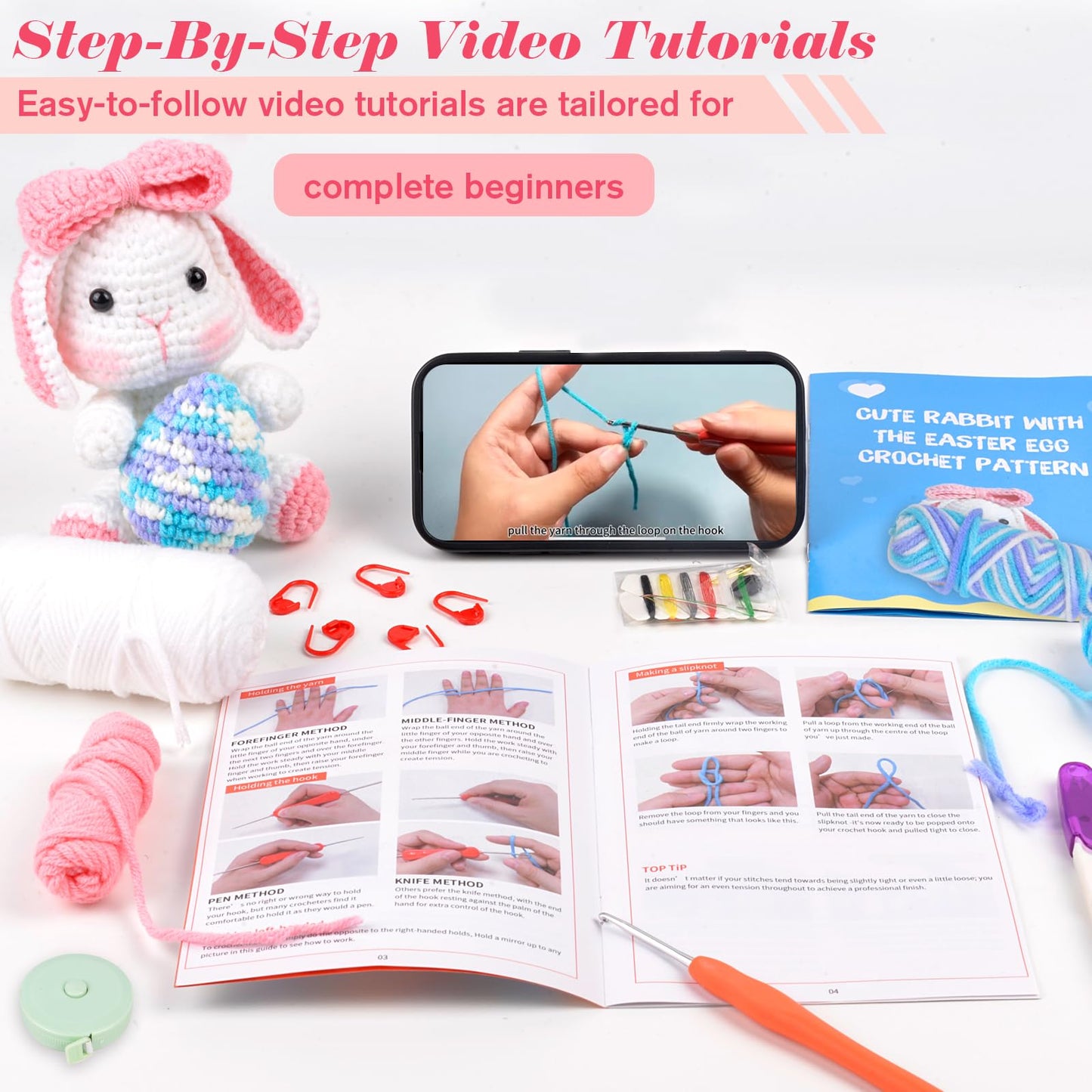 ChezMax Crochet Kit for Beginners, Easter Bunny Crochet Animal Kit with Yarn, Starter Kit with Step-by-Step Video Tutorials, Learn to Crochet Kits for Kids and Adults, DIY Knitting Craft Supplies Gift