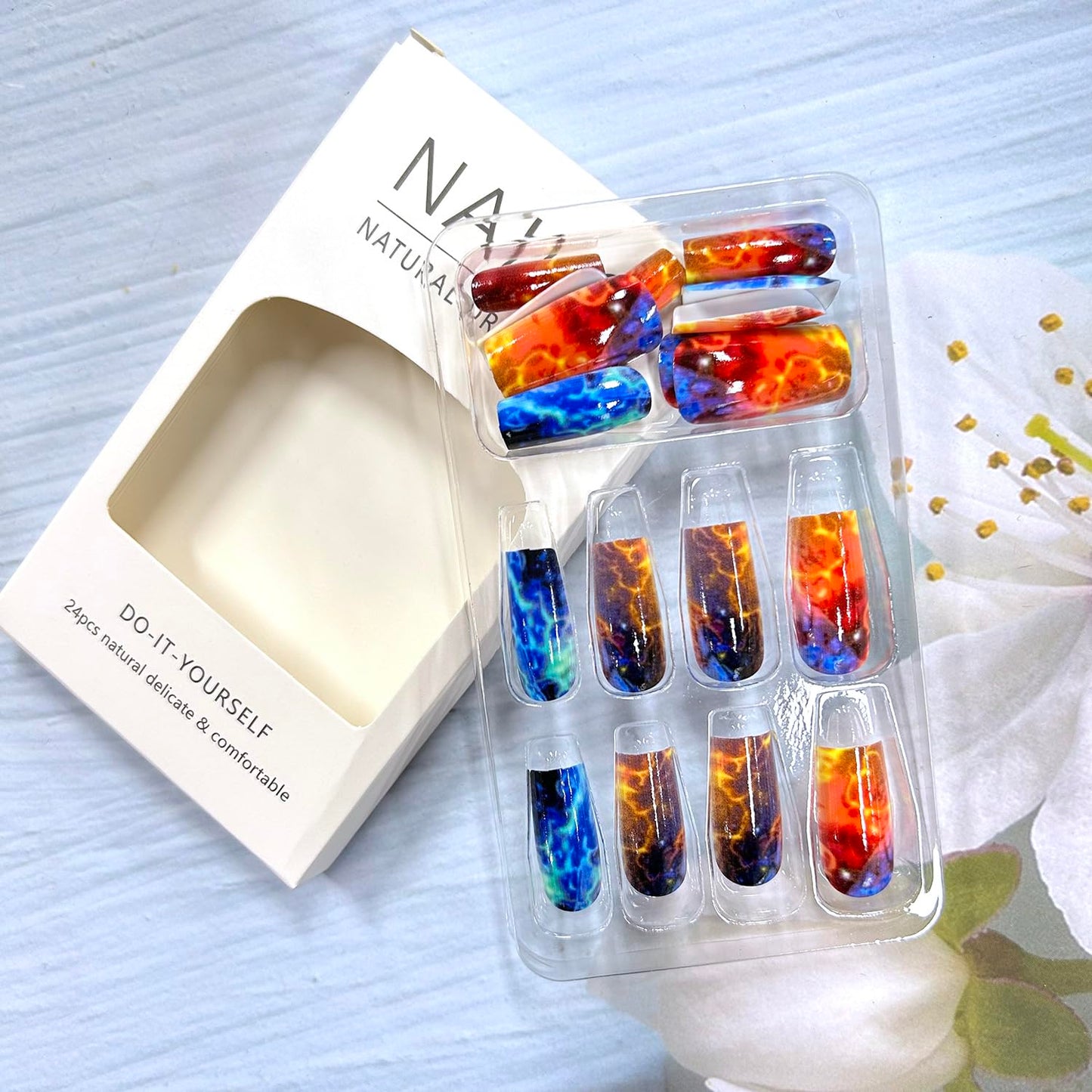 Press On Medium Square Aurora Red and Blue Lightning Design Nails - Full Cover Artificial Acrylic Coffin Nails - Reusable Glue On DIY Stick On for Women - 24Pcs