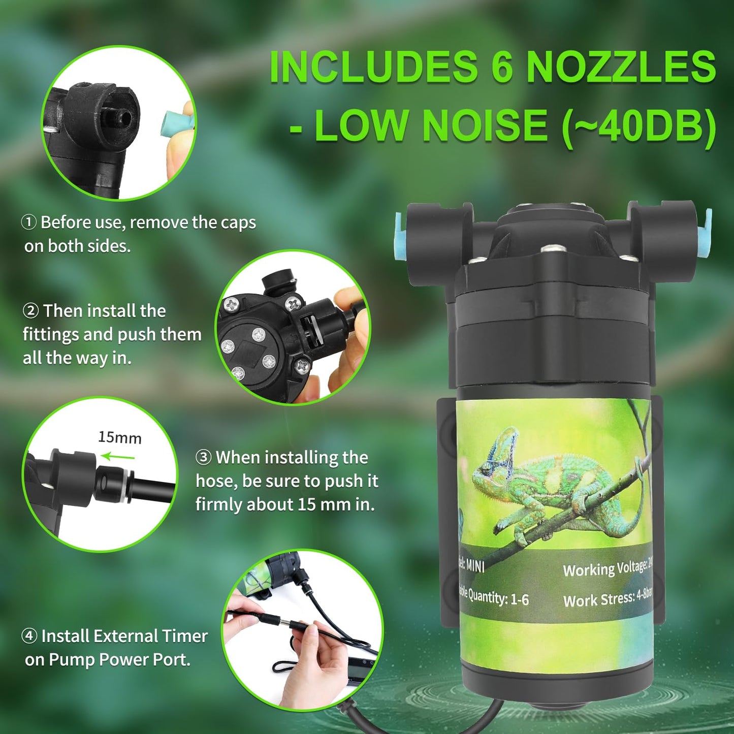 Reptile Misting System with Timer, 6 Adjustable-Joint Nozzles, Self-Priming Pump, Quiet Fine Mist for Chameleons, Geckos, Frogs & Terrariums