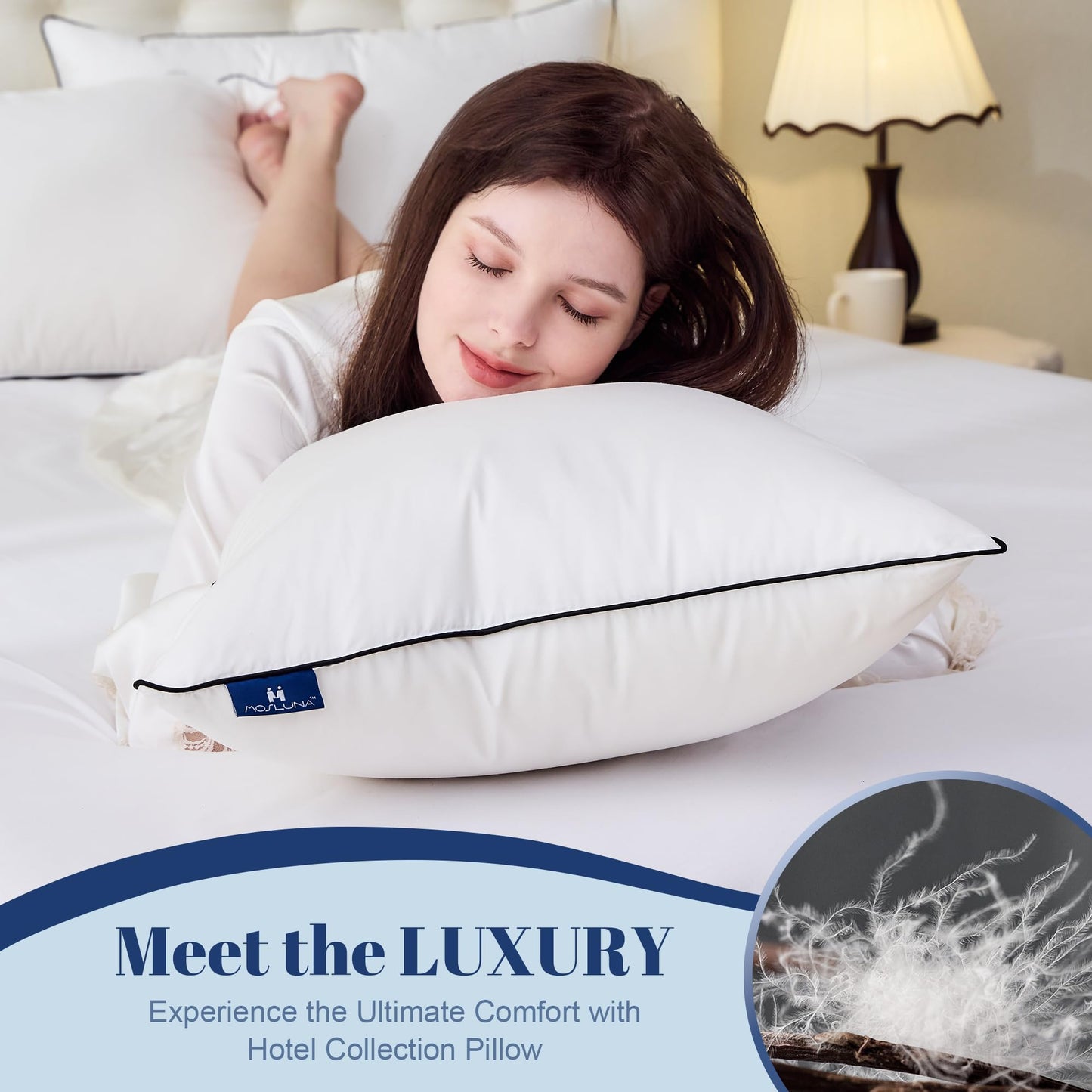 Mosluna Feather Down Pillows Standard Size Set of 2, Luxury Hotel Collection Bed Pillow 2 Pack, Airyfil™ Powered Fillings & Feathers Pillow，Fluffy Plush for Side Sleepers, Medium Firm, 20x26 in.