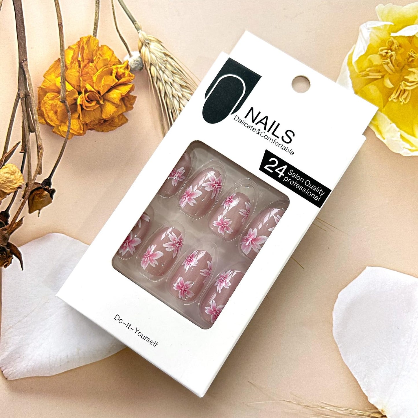 TBRZTR Flower Press on Nails Oval Shaped Medium Pink Floral Pattern Design False Nail Full Cover Glossy Artificial Stick on Nail Acrylic Press Ons Glue on Nails for Women 24Pcs