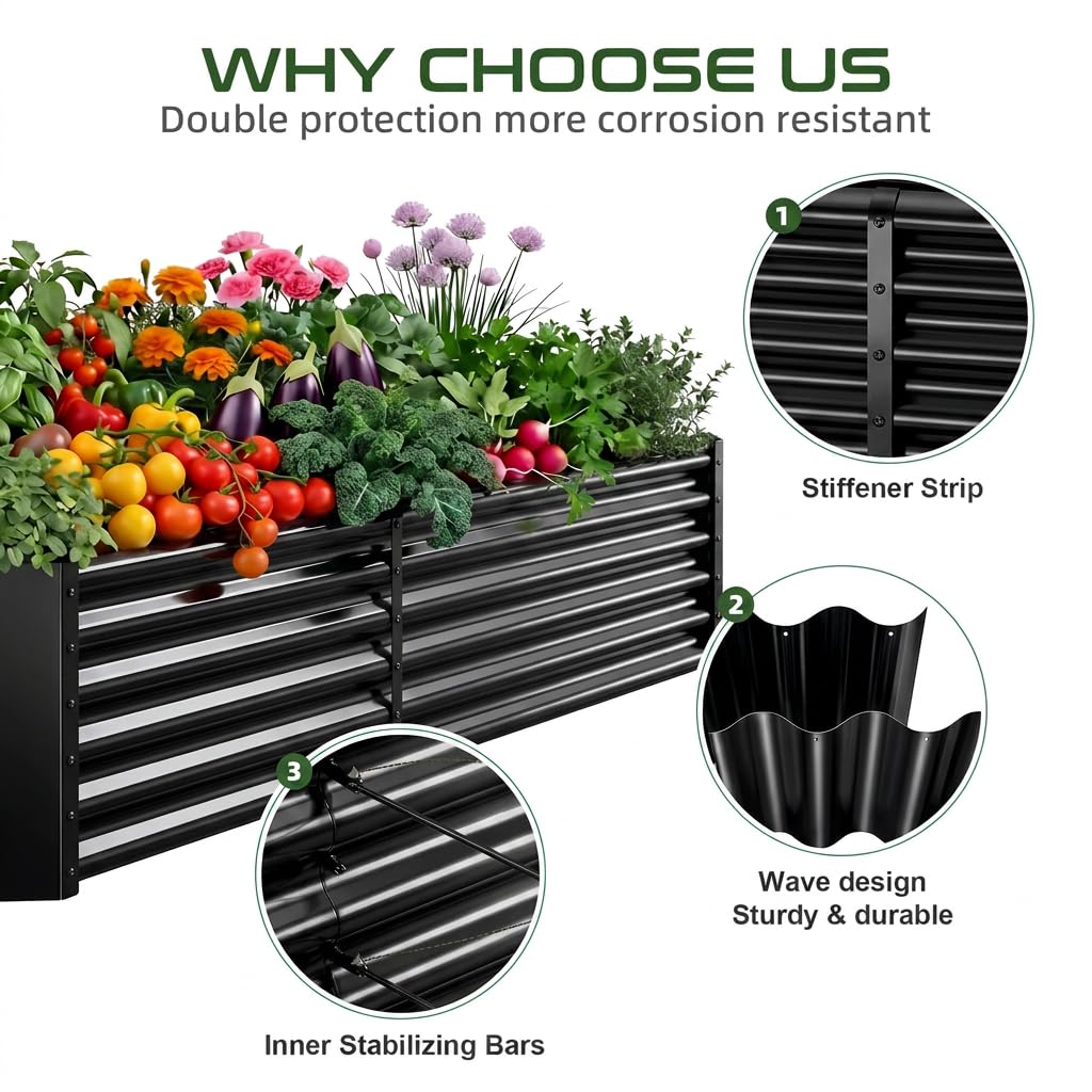 AHEONLAR 2 Pack Galvanized Raised Garden Beds Outdoor, Rectangle Metal Planter Boxes for Vegetables, Flowers and Plants, Durable Garden Bed Kit with Easy Assembly, Black