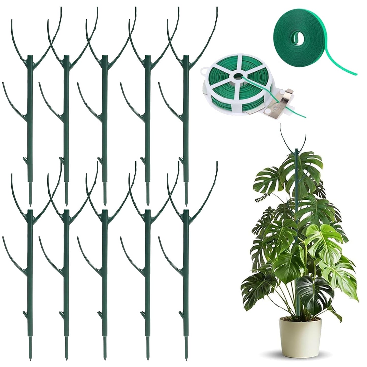 Folklyzo 10 Pack Stackable Plant Support Stakes, Adjustable Plant Sticks for Monstera, Tomato & Climbing Plants – Indoor/Outdoor Garden Support Stakes (10, Green)