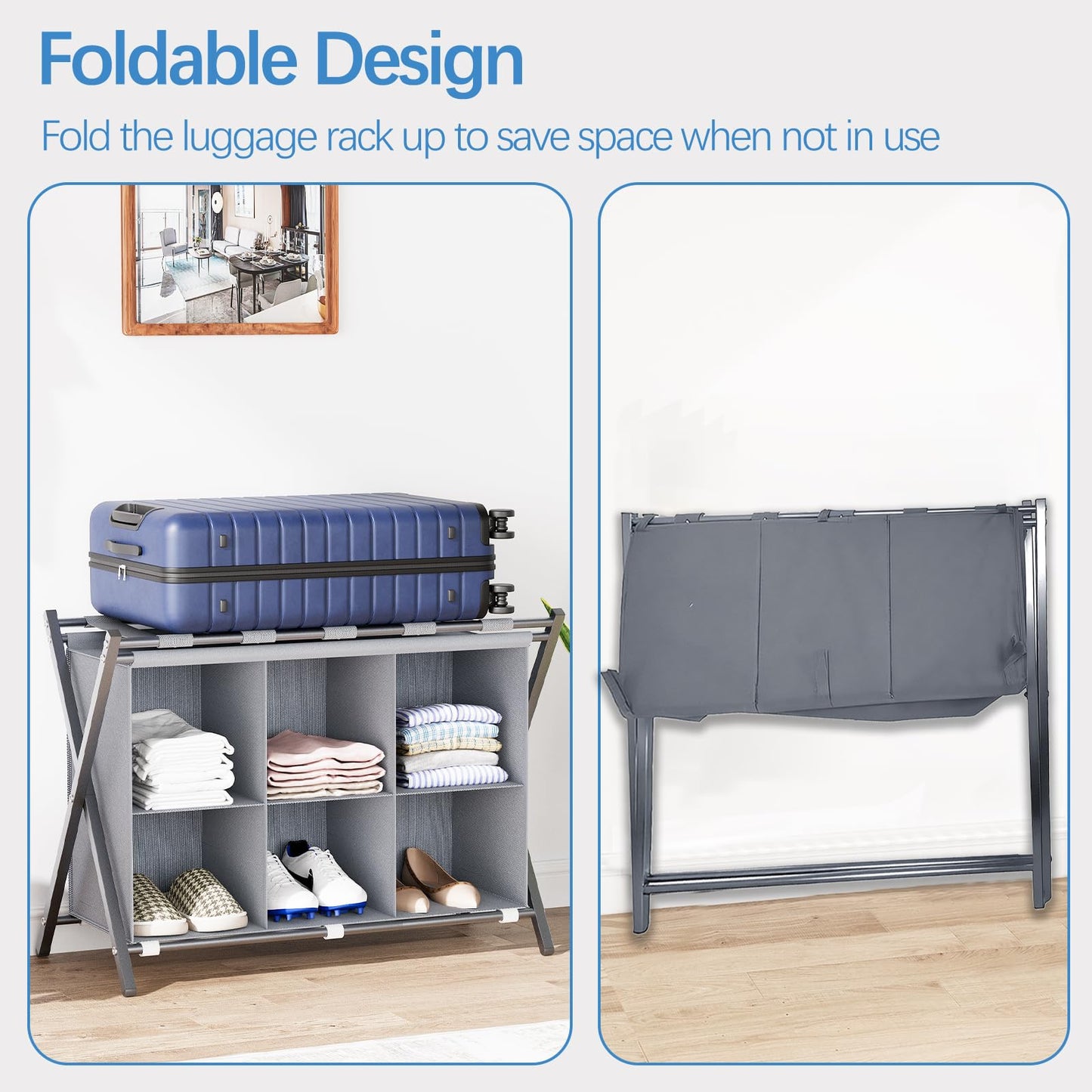 Huhote Luggage Rack for Guest Room, Folding Suitcase Stand with 6-Cube Fabric Storage Shelf, Luggage Holder, Steel Foldable Luggage Stand for Guest Room, Bedroom, Hotel, Grey