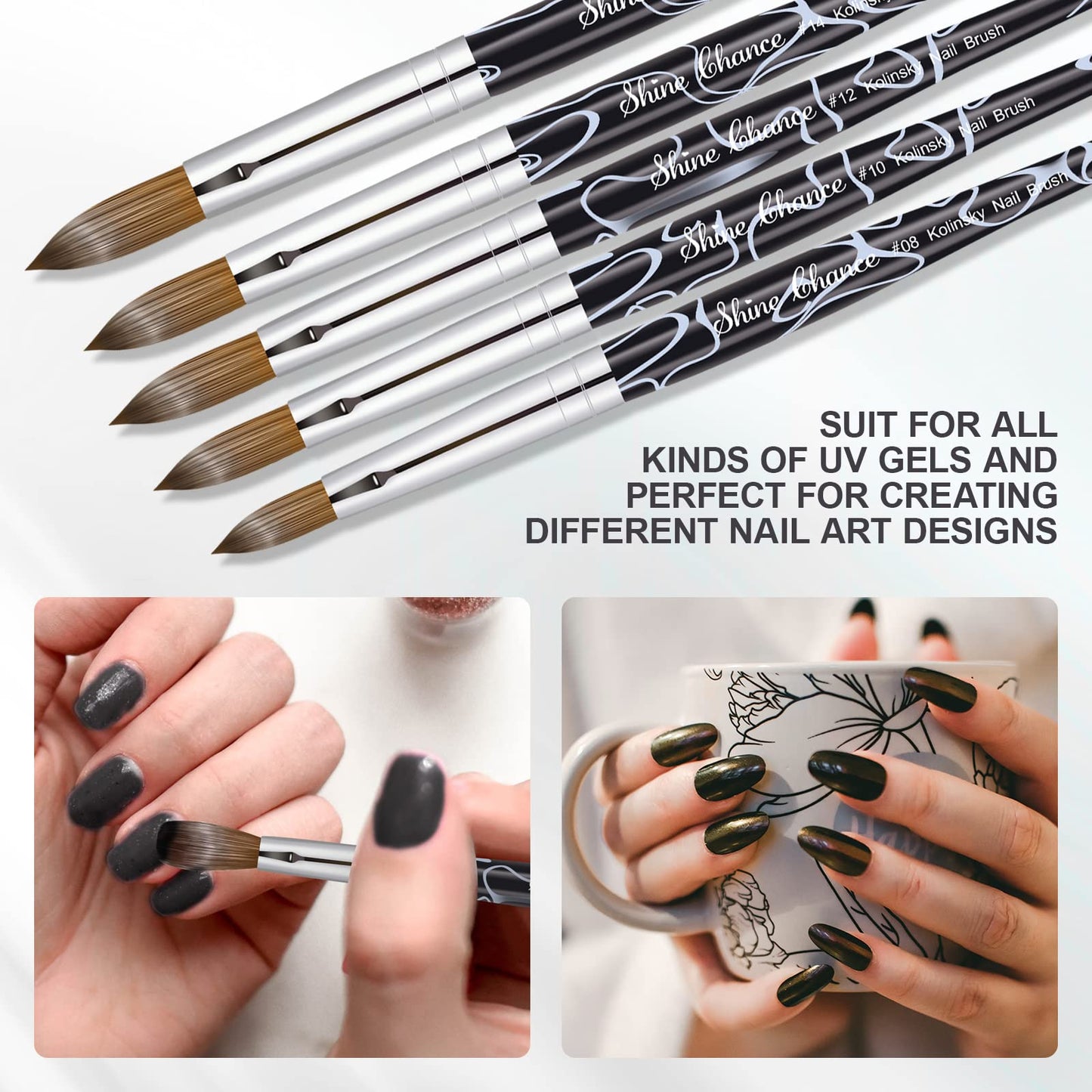 Shine Chance Acrylic Nail Art Brush Size 10, 100% Pure Kolinsky Hair Oval for Application, Professional Extension Manicure Tool Striping Drawing Pen DIY Home Salon, Black, 1.0 Count