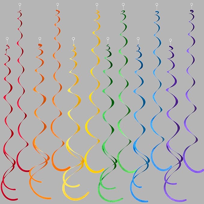 pinkblume 36Pcs Rainbow Hanging Swirl Decorations – Colorful Felt Spiral Ceiling Decor for Birthday & Party