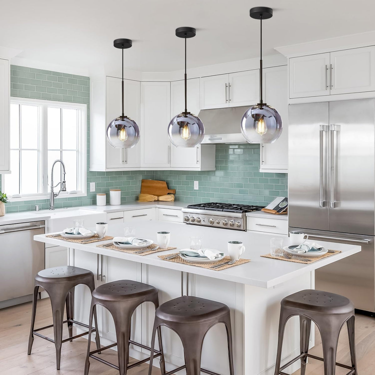 KCO Lighting Modern Black Globe Pendant Light Mercury Glass Ceiling Pendant Light Mid Century Silver Kitchen Pendant Lighting Over Island Dining Room Light Fixtures Over Table