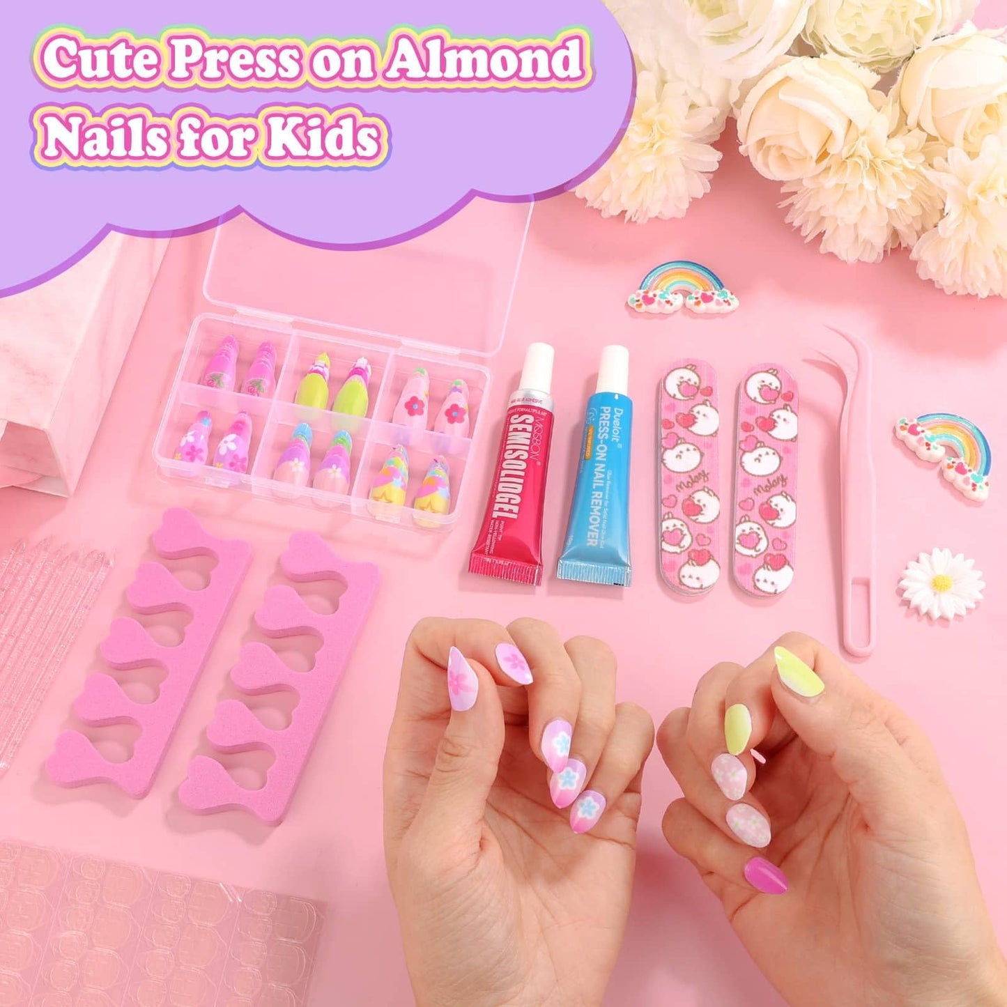 144 Pcs Press on Nails with Glue, Almond Fake Nail Stick on Nails Kit with Jelly Stickers & Nail Builder Adhesive Cute Acrylic Nails Stuff for Gift