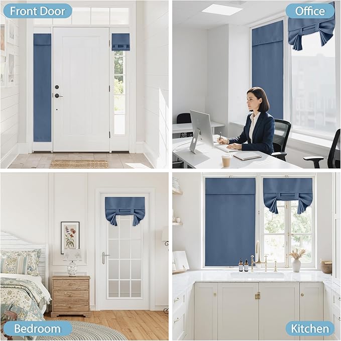 RYB HOME Blackout Door Curtain - Privacy Thermal Insulated Front/Tricia/Patio French Door Window Curtains Sidelight Curtain Tie up Shade, W34 x L69 inch, 1 Panel, Stone Blue