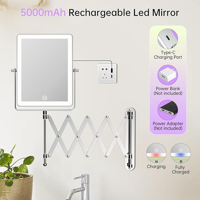 FASCINATE 5000mAh Rechargeable Wall Mounted Makeup Mirror with Lights, 8.7 Inch Double Sided Touch Switch 1X 30X Magnifying Bathroom Mirror, 3 Color Lights Dimmable Extended Arm 360°Rotation (Chrome)