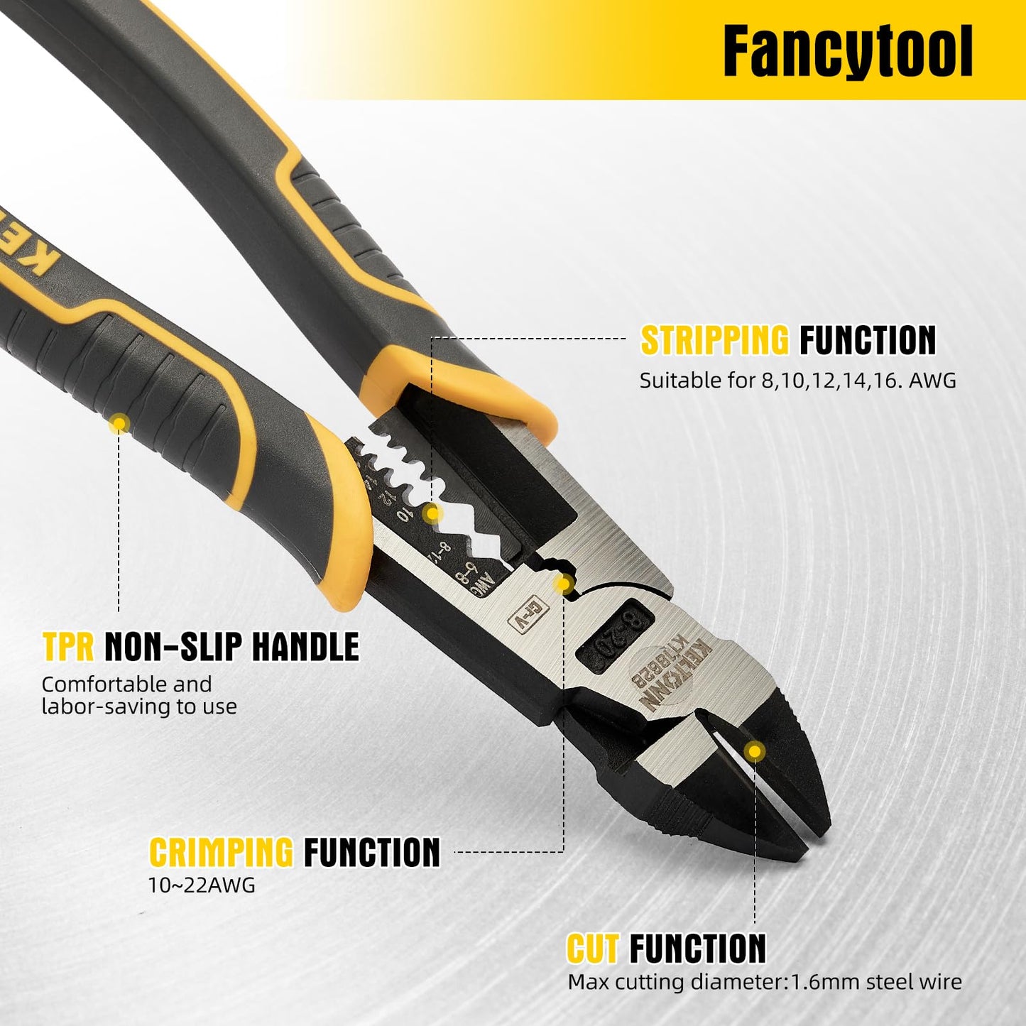 Fancytool Multi-Function Diagonal Pliers, 8-inch 4-in-1 Cr-V Steel Heavy Duty Side-Cutting Pliers with Cutting, Stripping, Crimping, and Gripping for Electricians and Homes