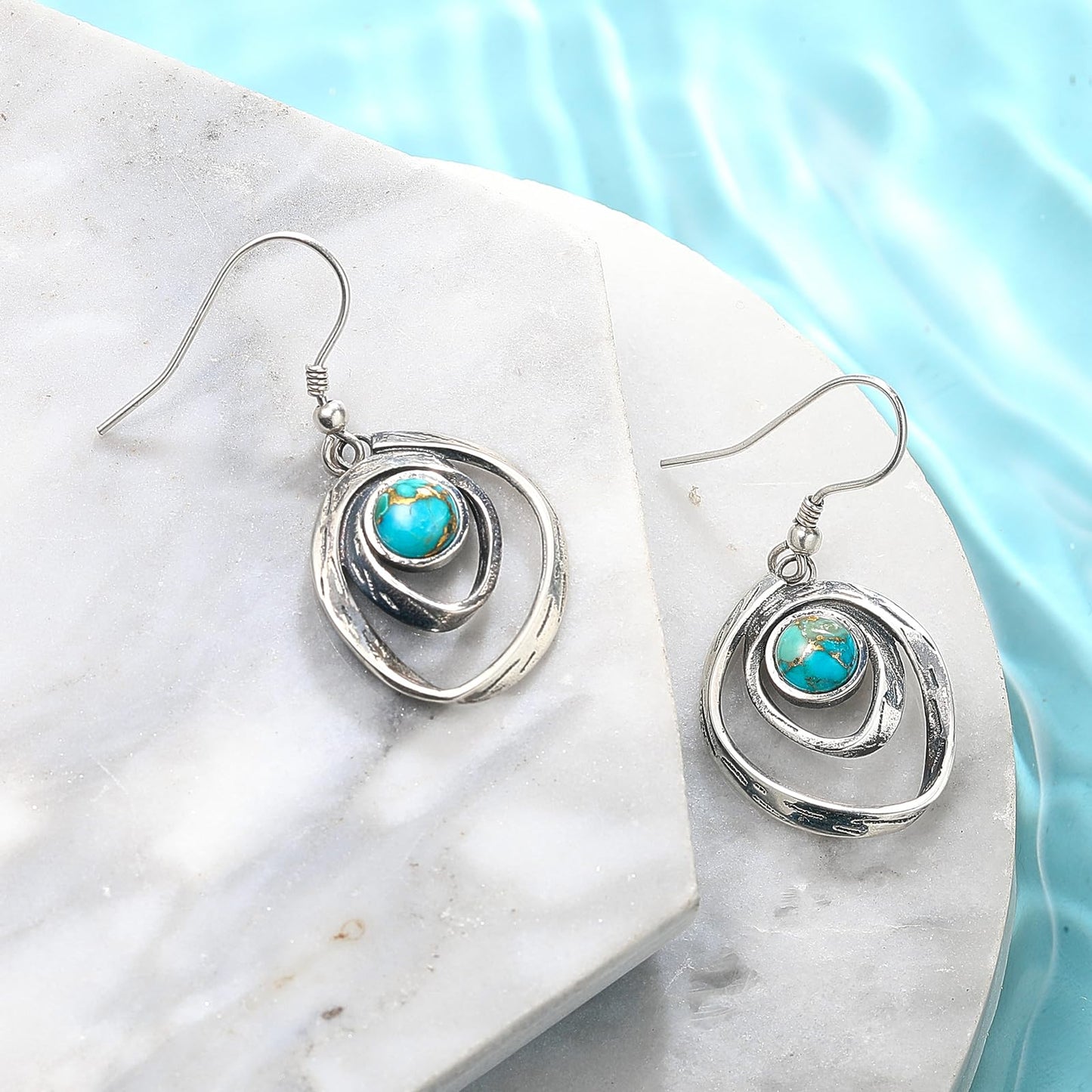 Phyonio Teal Turquoise Earrings for Women 925 Sterling Silver Turquoise Dangle Earrings Vintage Swirl/Spiral Ear Hook Earrings
