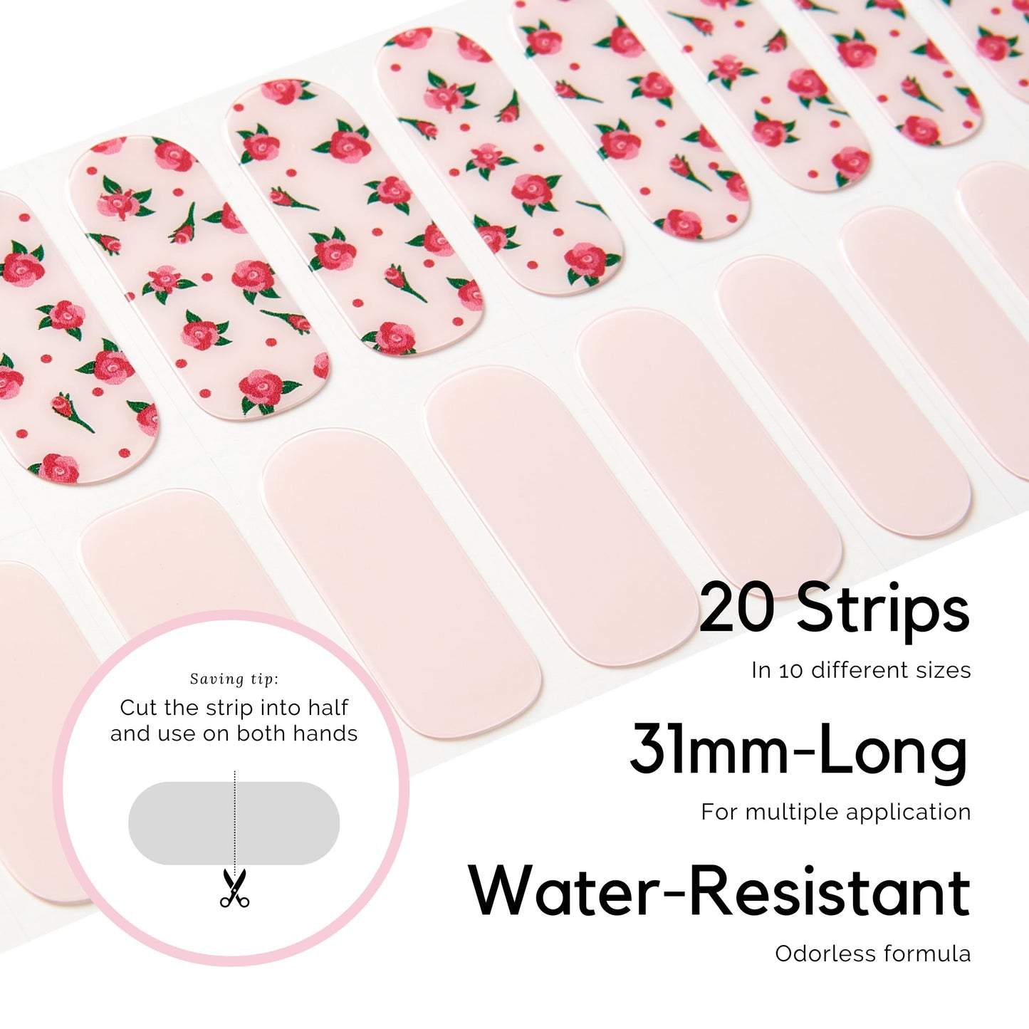 Semi Cured Gel Nail Strips - NAILOG 20 Pcs Pink Flowers Nail Stickers Extra Long Wraps with Glossy Gel Finishing for Spring Summer, Rosette