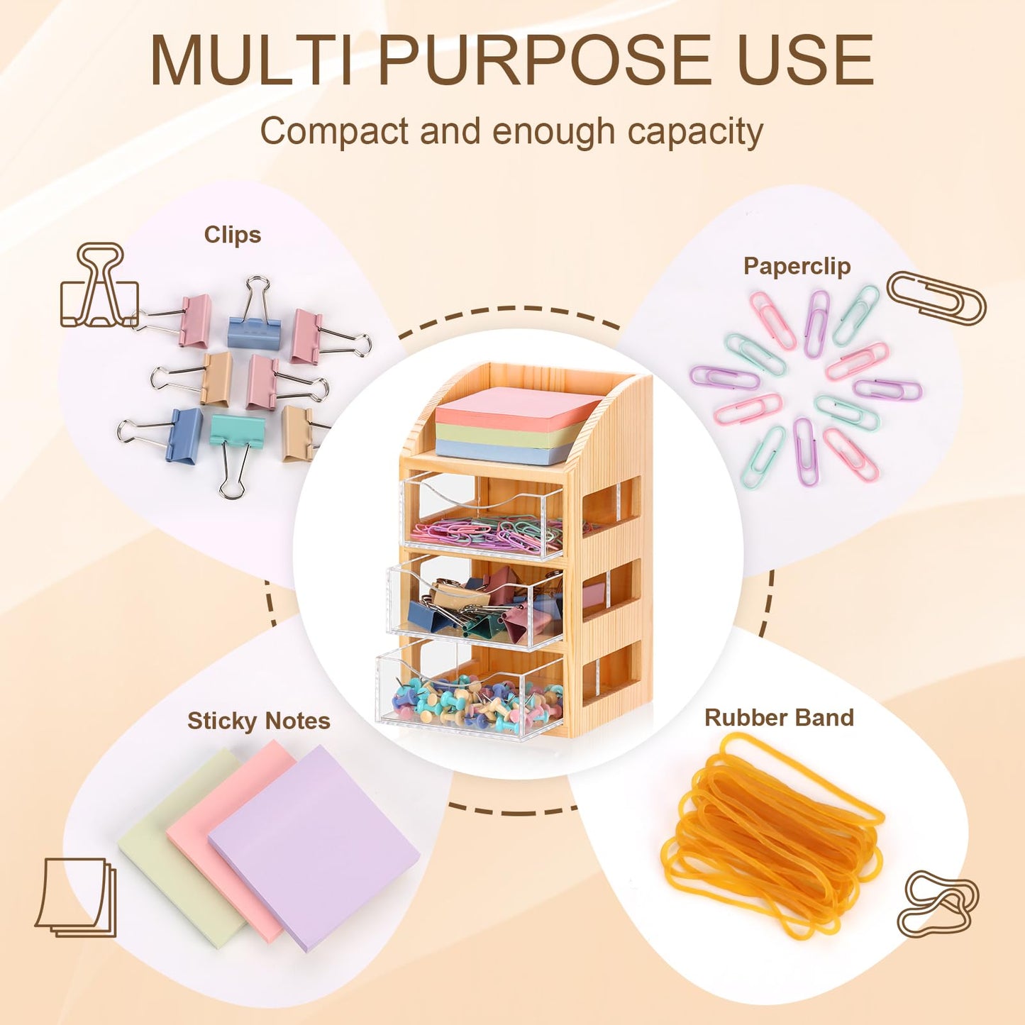 3 Drawer Desktop Accessory Storage Drawers Clear Desktop Organizer with Drawers Small Desk Organizer with Drawer Paper Clip and Binder Holder Wood Acrylic Sticky Note Holder 4.53"L x 4.1"W x 7.7"H