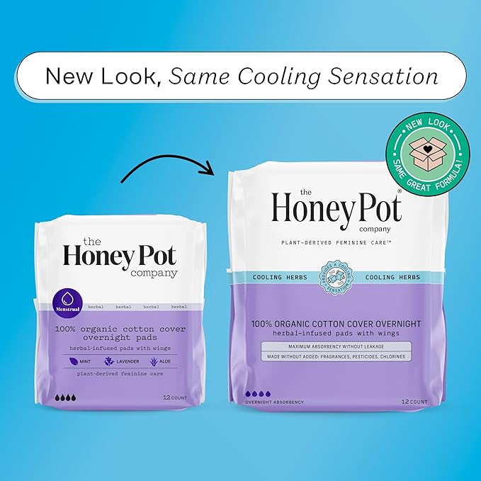 The Honey Pot Company - Herbal Pads for Women - Overnight w/Wings - Infused w/Essential Oils for Cooling Effect & Organic Cotton Cover - Feminine Care - FSA & HSA Eligible - 12 ct